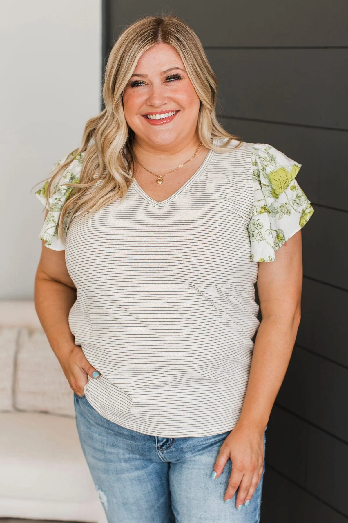 Hitting Milestones Ruffle Sleeve Top- Ivory & Green