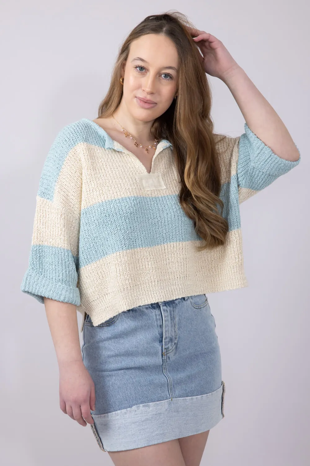 Illa Illa Oversized Stripe Patch ¾ Sleeve Sweater for Women in Mint/Ecru | IM8030-MINTECRU