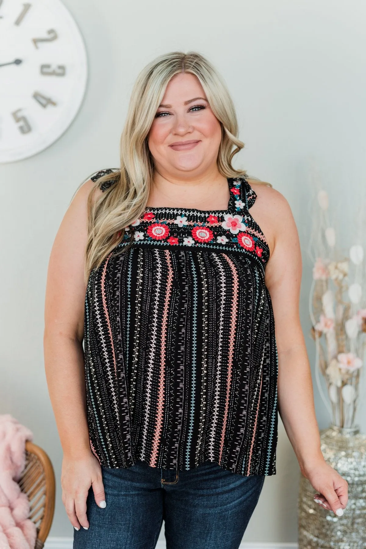Illuminate The Night Embroider Tank Top- Black & Coral