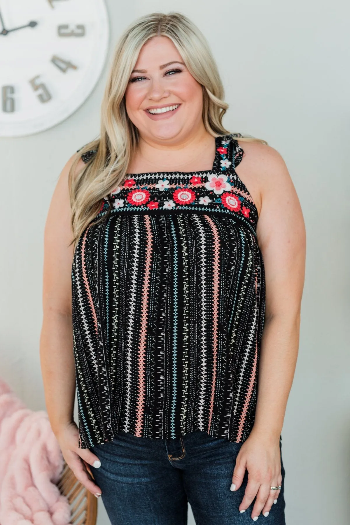 Illuminate The Night Embroider Tank Top- Black & Coral