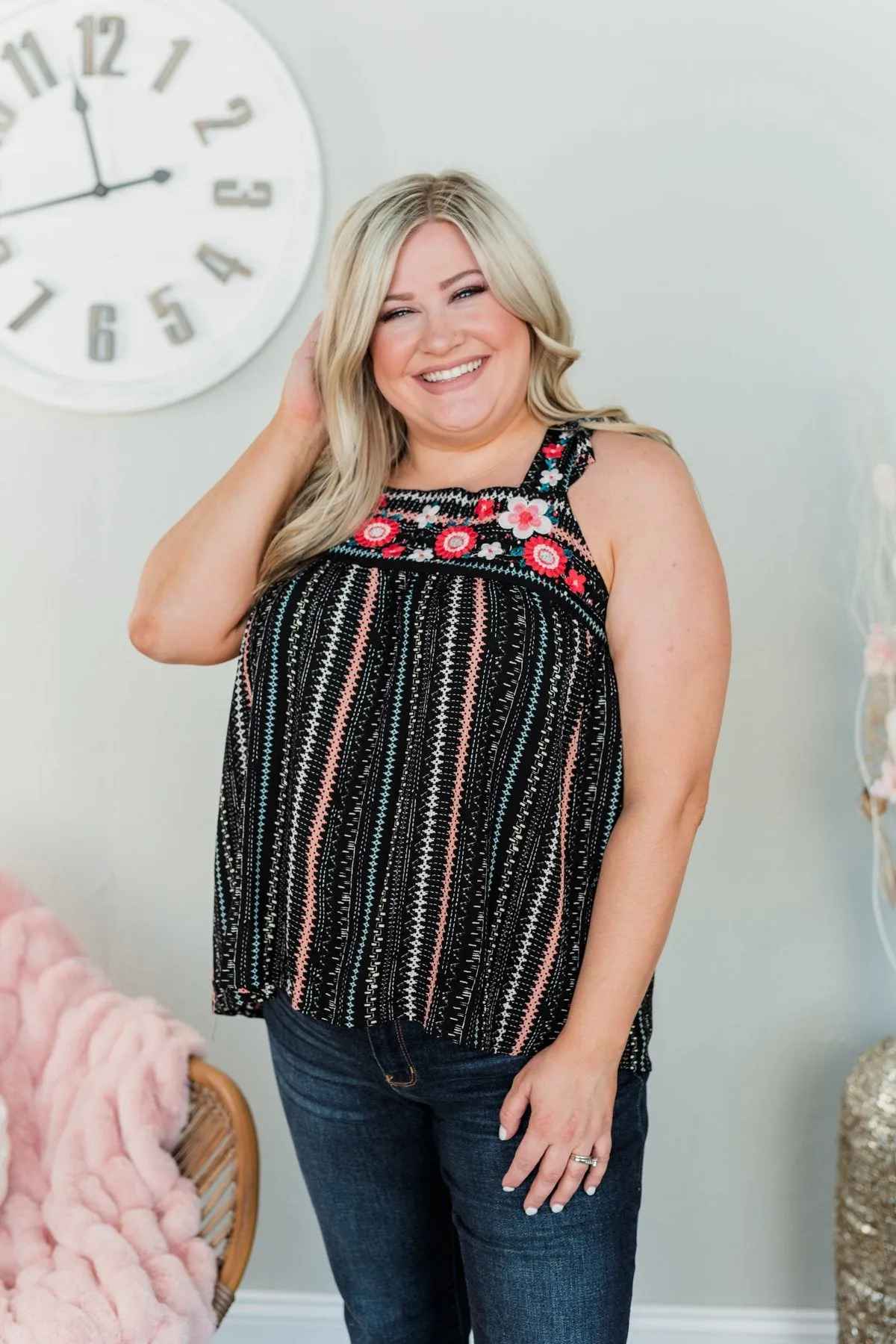 Illuminate The Night Embroider Tank Top- Black & Coral