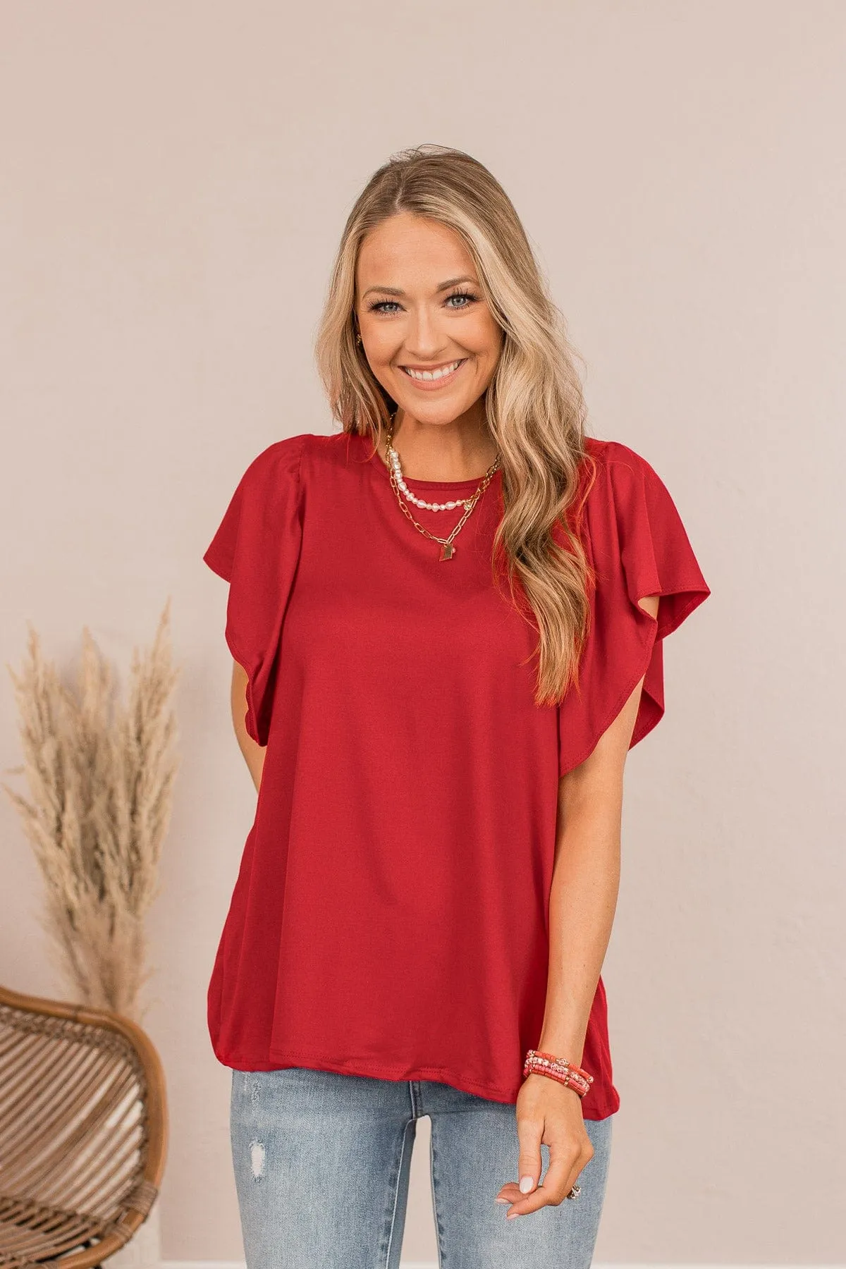 In The Afterglow Ruffle Sleeve Top- Red