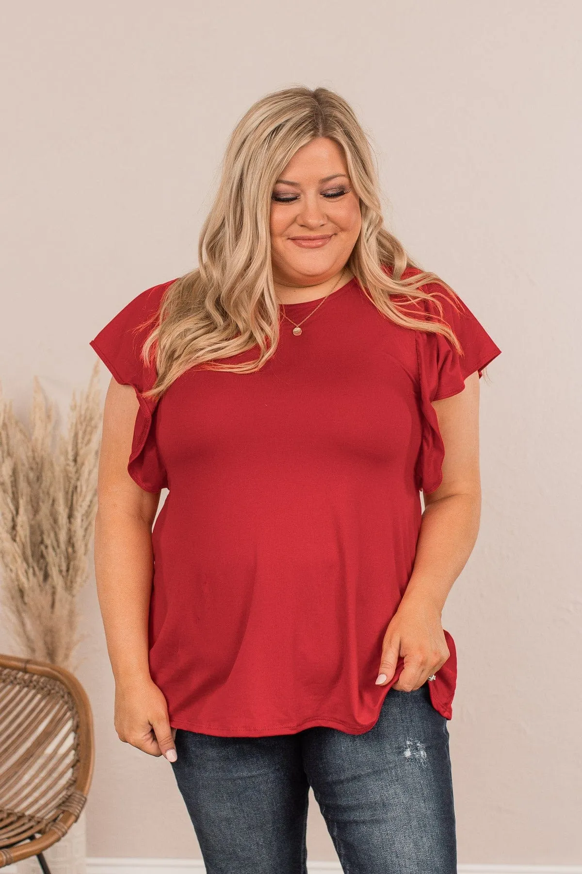 In The Afterglow Ruffle Sleeve Top- Red