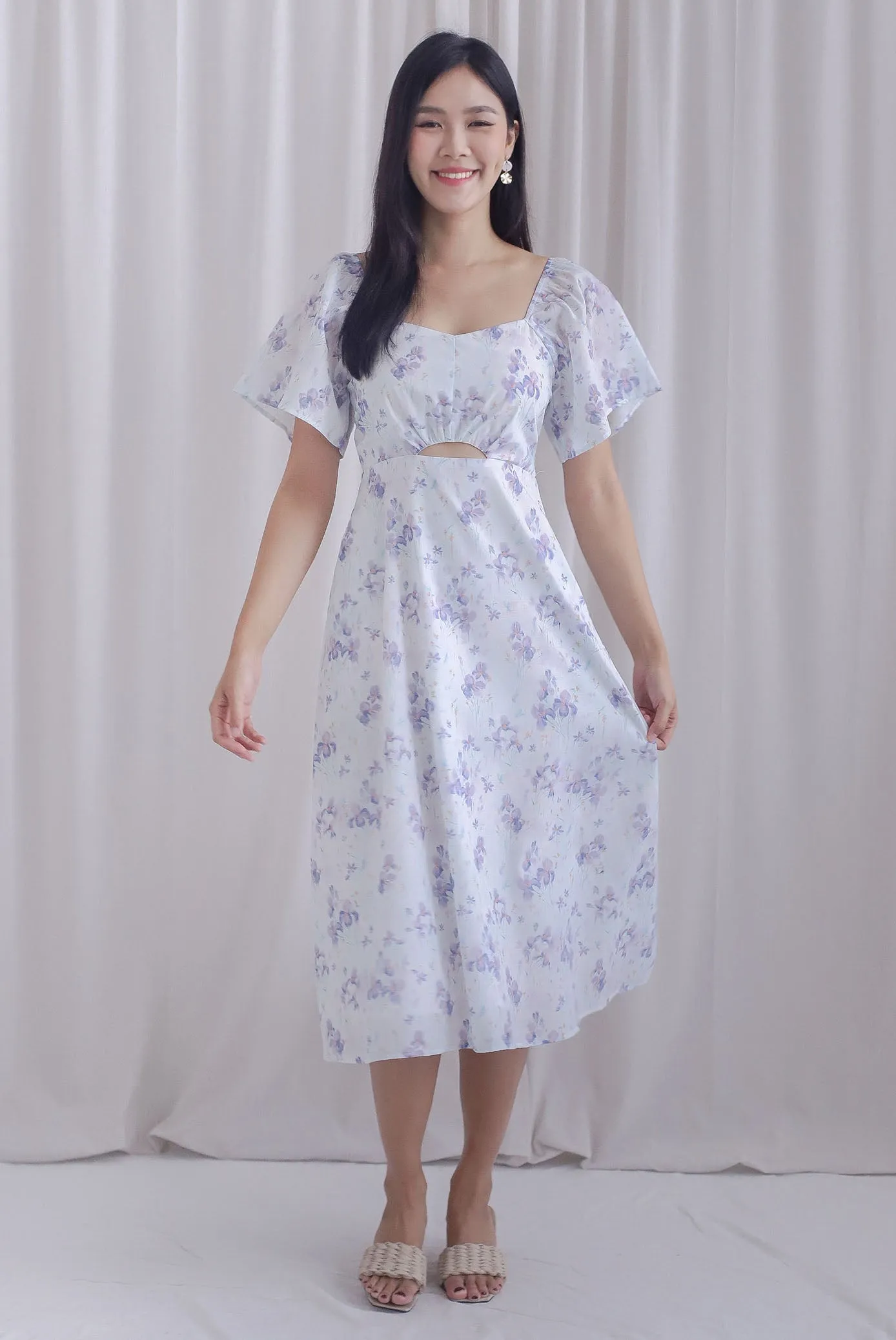 Ivy Floral Flutter Sleeve Cut Out Midi Dress In Purple