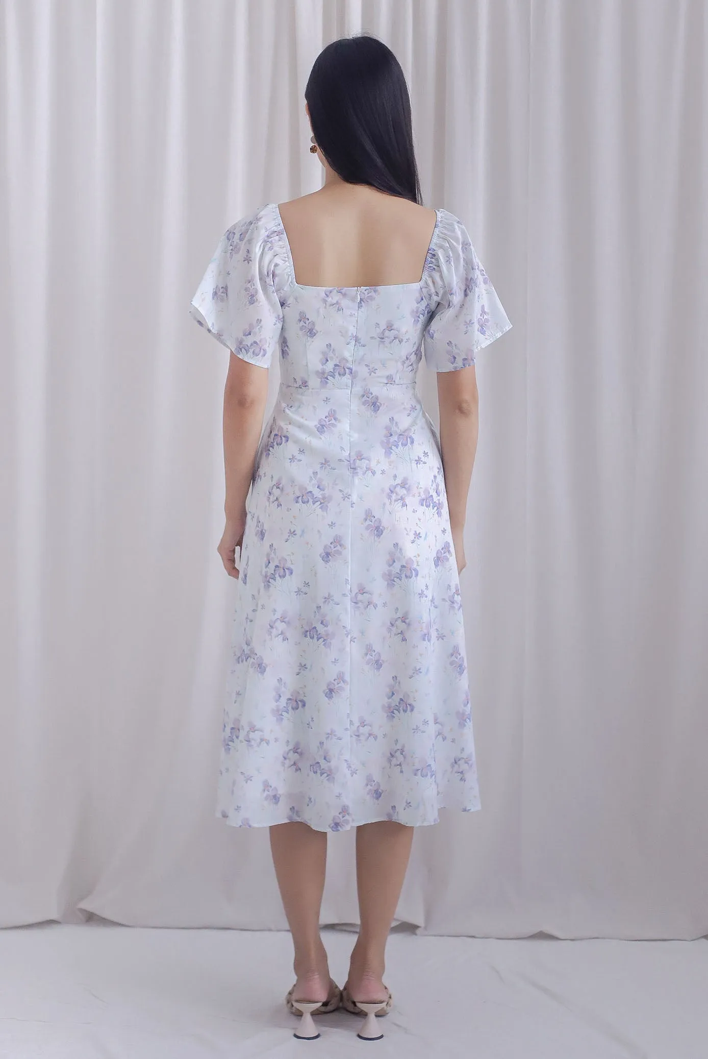 Ivy Floral Flutter Sleeve Cut Out Midi Dress In Purple
