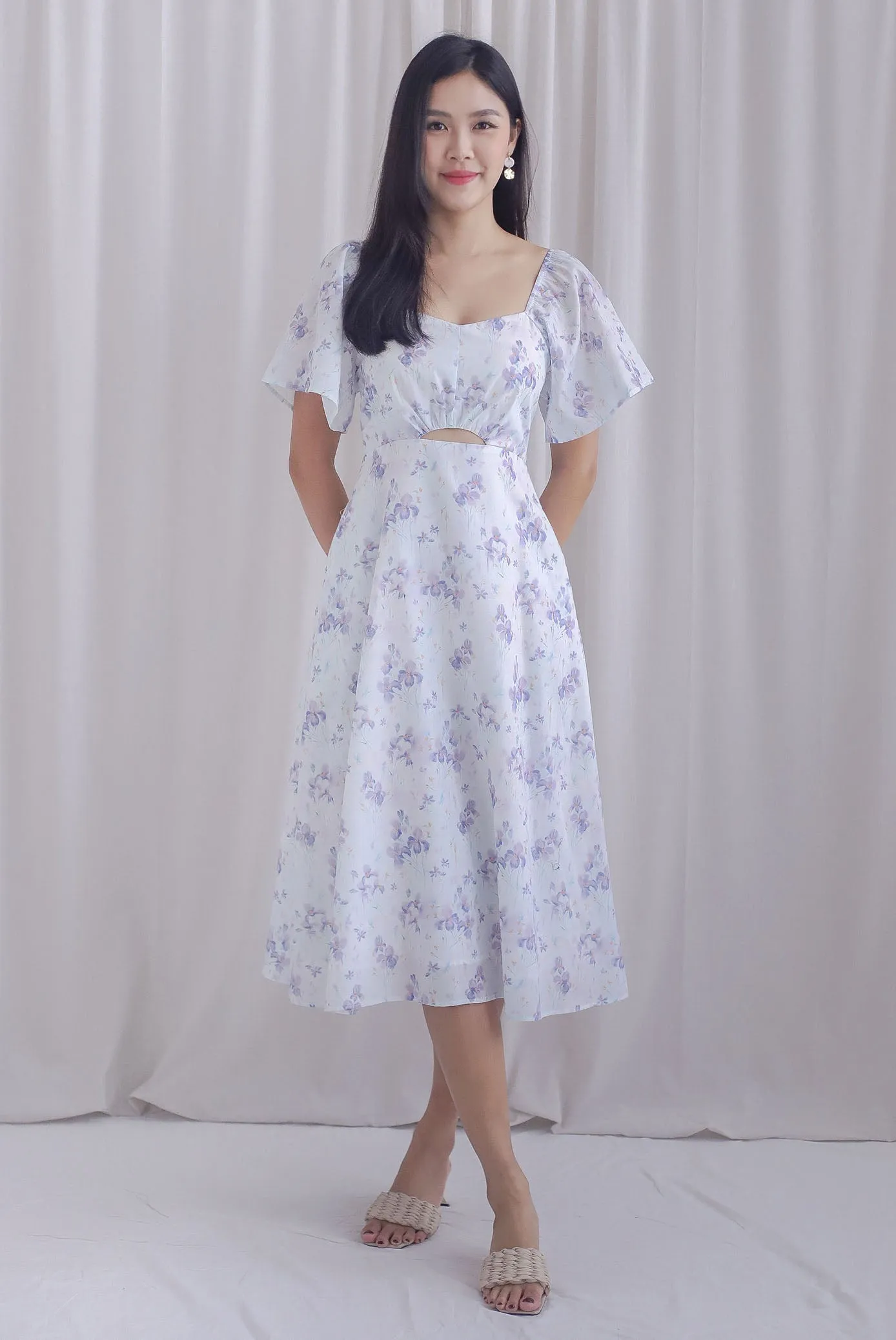 Ivy Floral Flutter Sleeve Cut Out Midi Dress In Purple