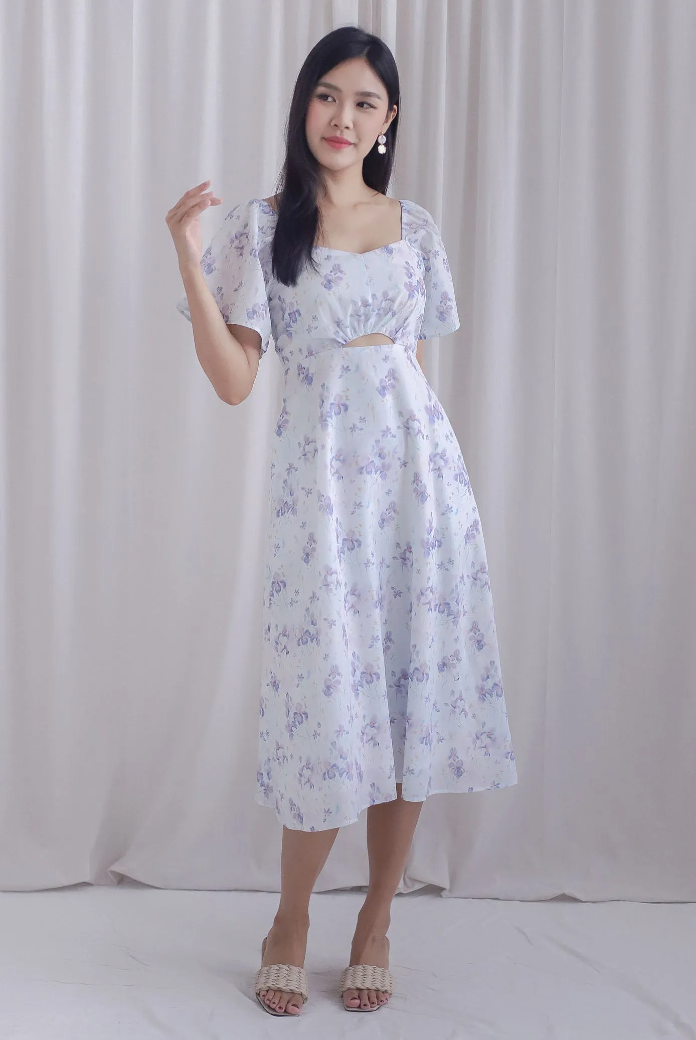 Ivy Floral Flutter Sleeve Cut Out Midi Dress In Purple