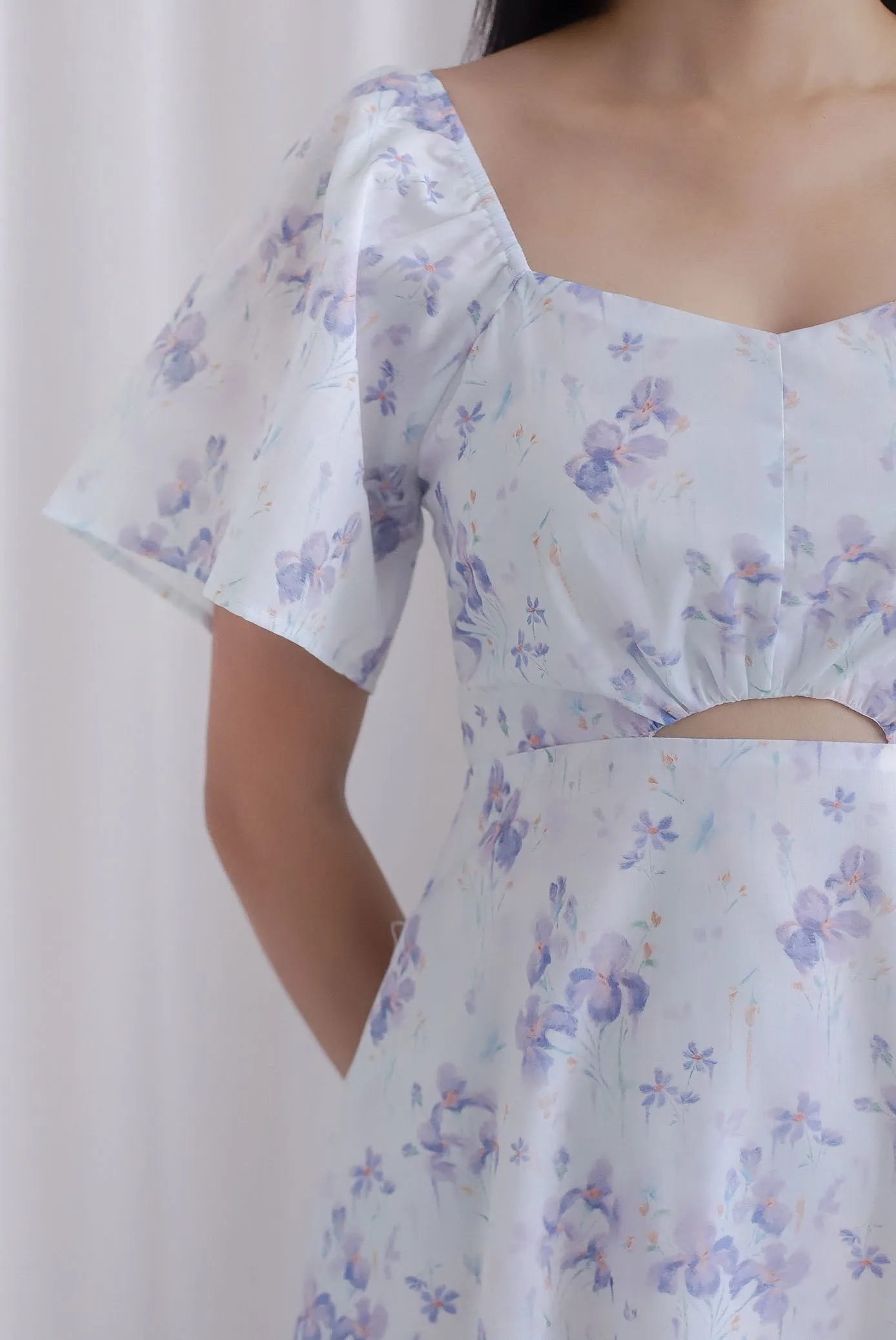 Ivy Floral Flutter Sleeve Cut Out Midi Dress In Purple