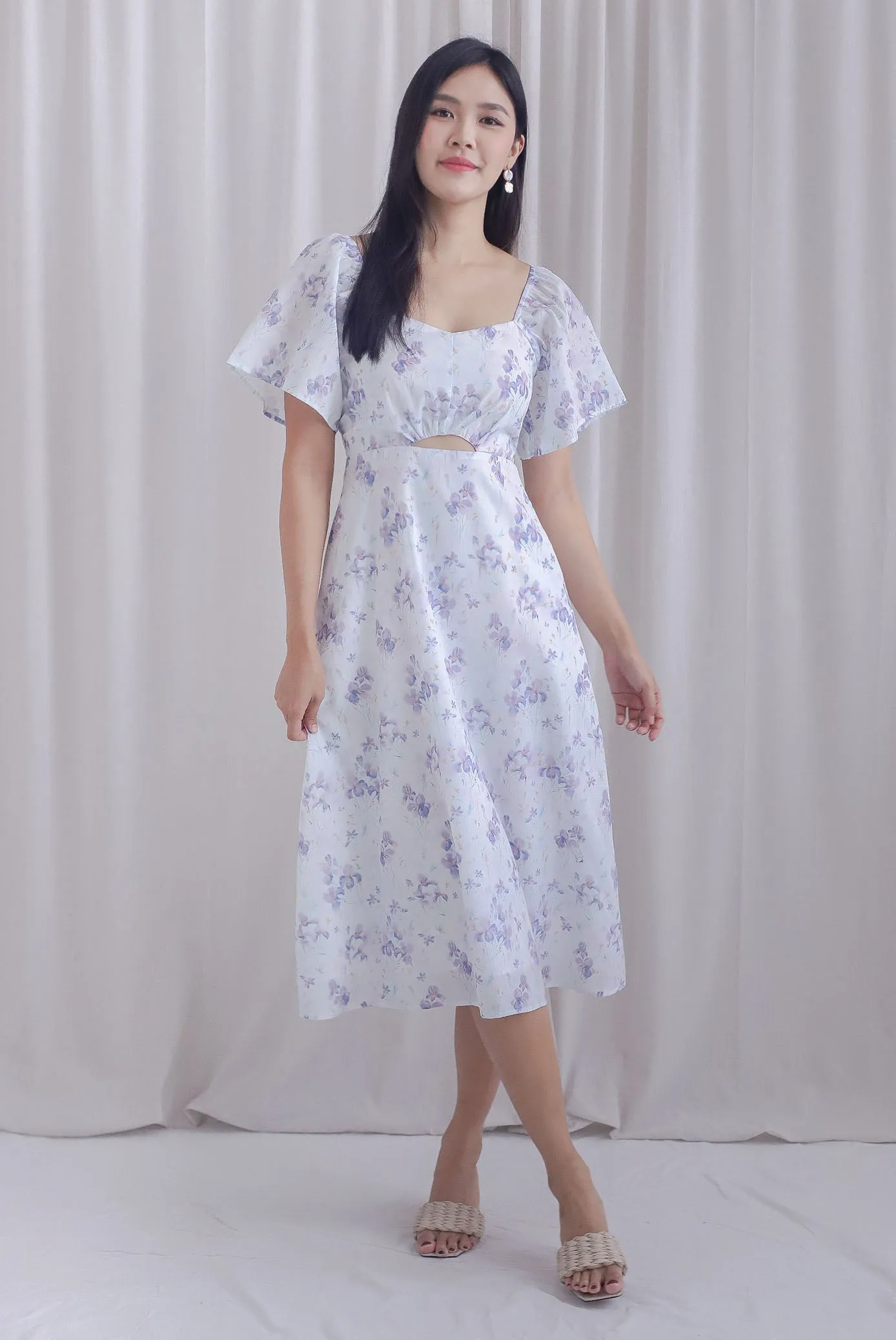 Ivy Floral Flutter Sleeve Cut Out Midi Dress In Purple