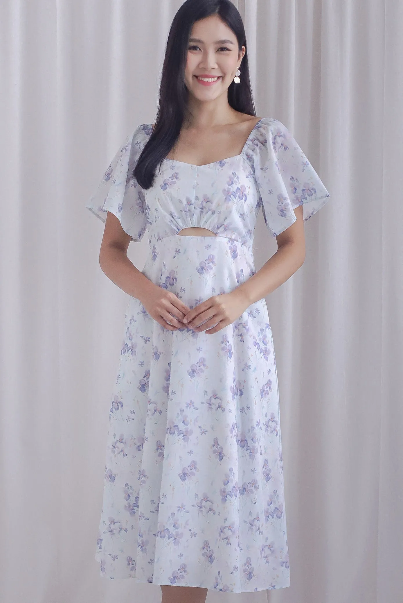 Ivy Floral Flutter Sleeve Cut Out Midi Dress In Purple