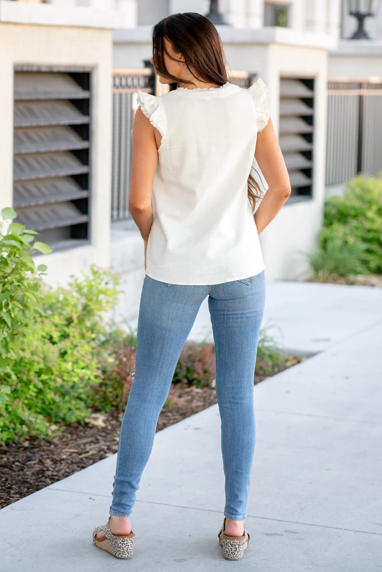 Kenzie Ruffle Shoulder Knit Top - White