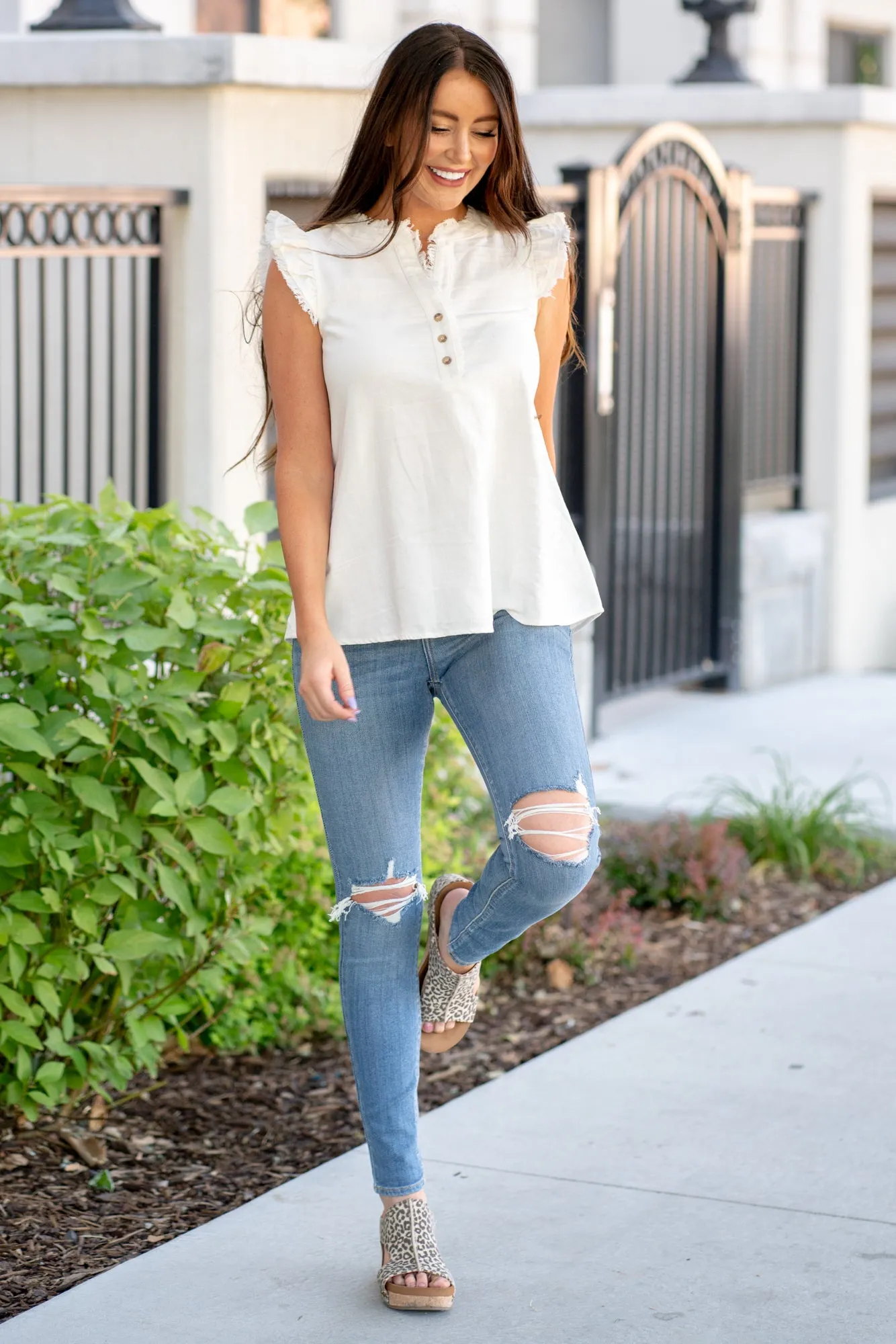 Kenzie Ruffle Shoulder Knit Top - White