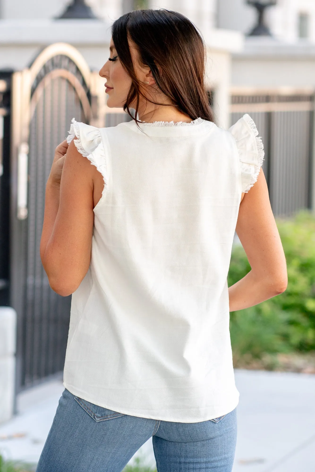 Kenzie Ruffle Shoulder Knit Top - White