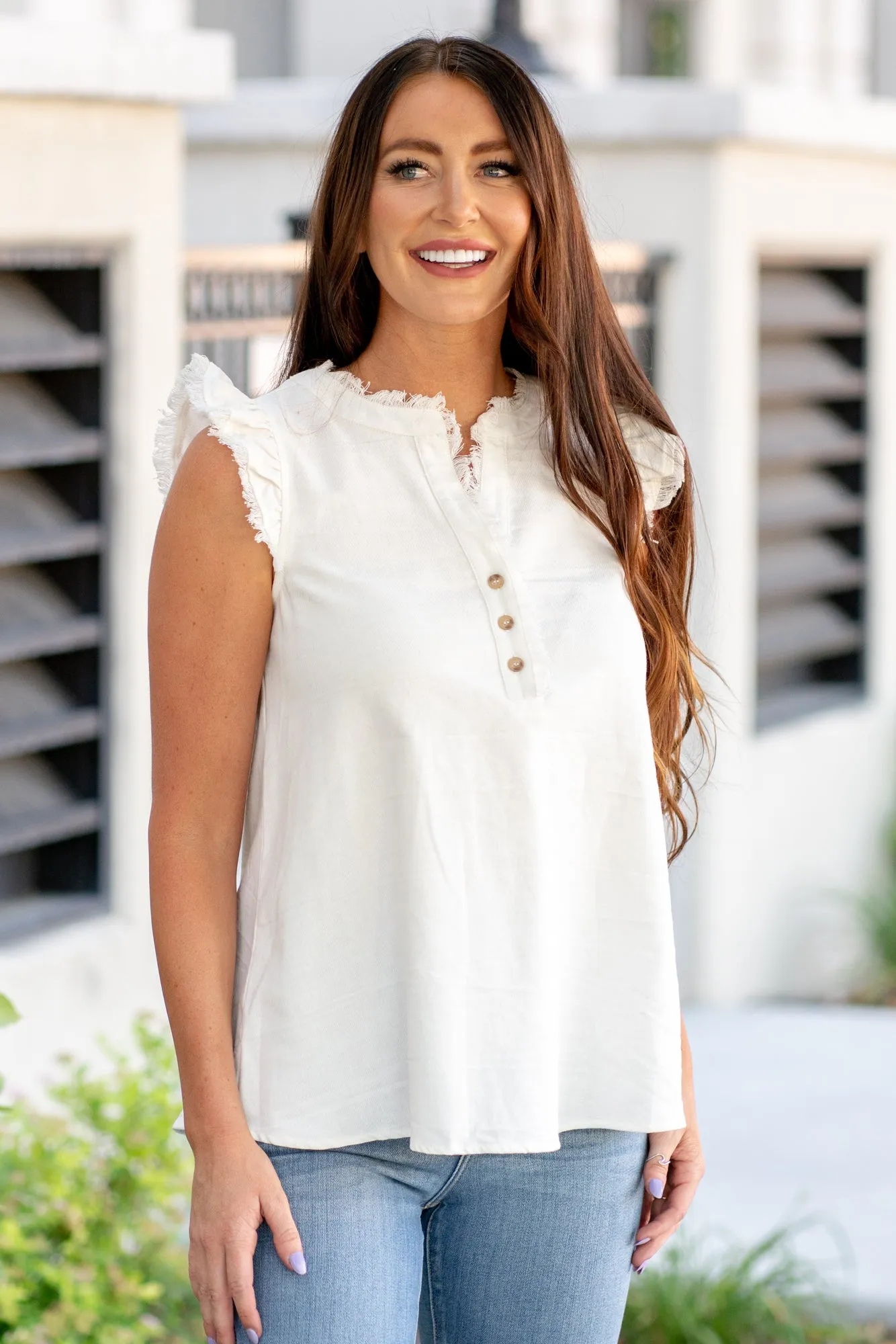 Kenzie Ruffle Shoulder Knit Top - White