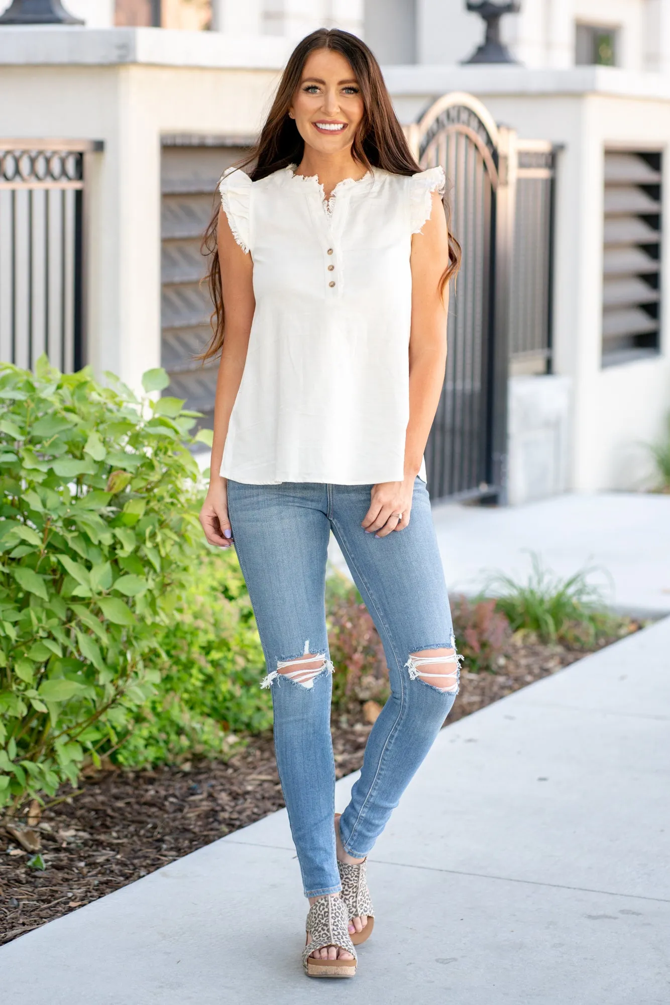 Kenzie Ruffle Shoulder Knit Top - White
