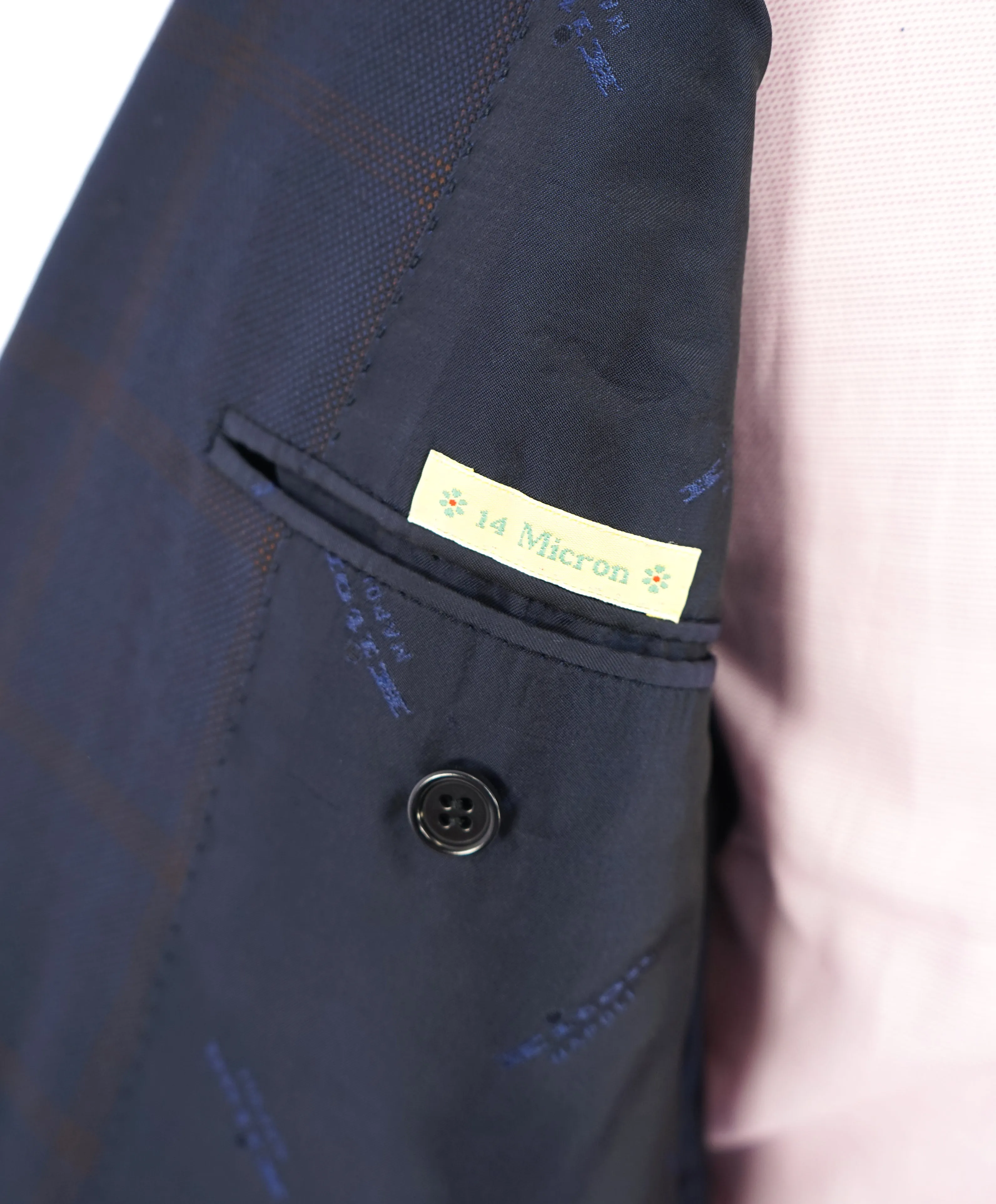 KITON - "14 Microns" Orange Windowpane Peak Lapel Navy Suit - 42R