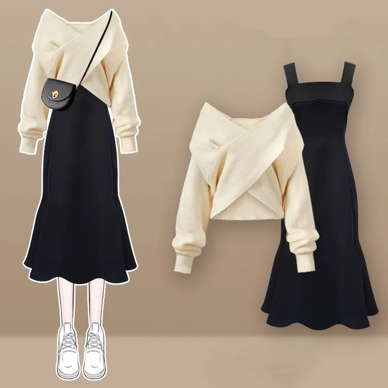 Knitted sweater   suspender dress 2-piece set  UB98567