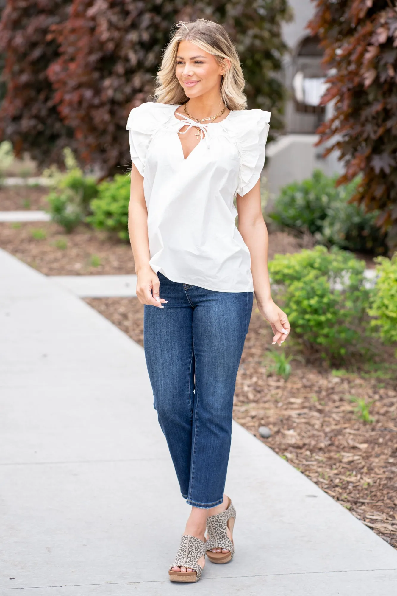 Layered Ruffle Sleeve Poplin Top - Off White