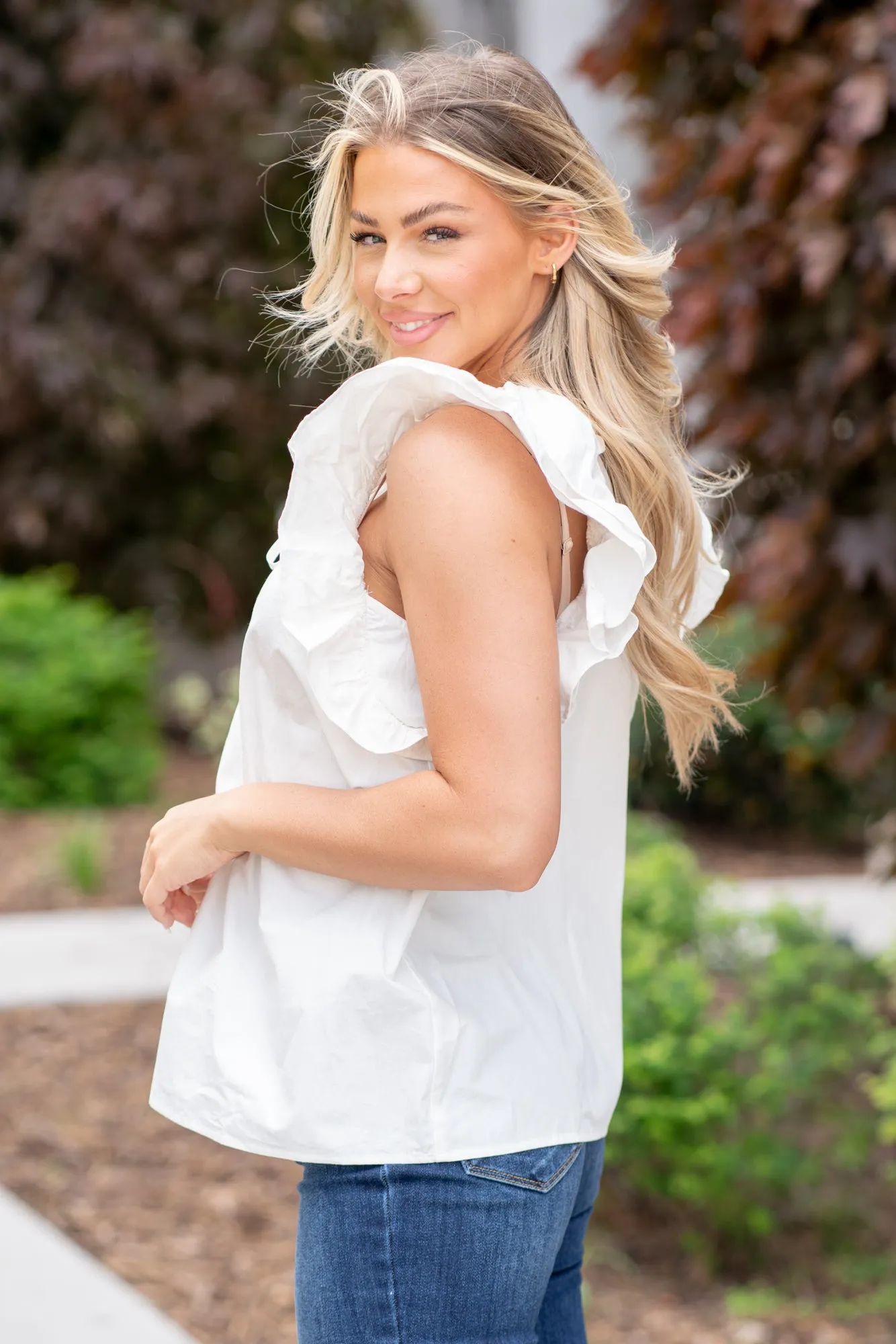 Layered Ruffle Sleeve Poplin Top - Off White