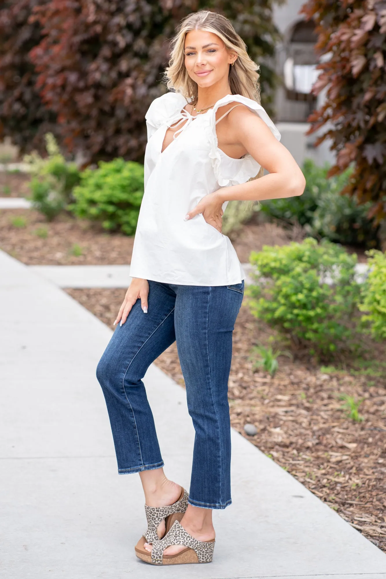 Layered Ruffle Sleeve Poplin Top - Off White