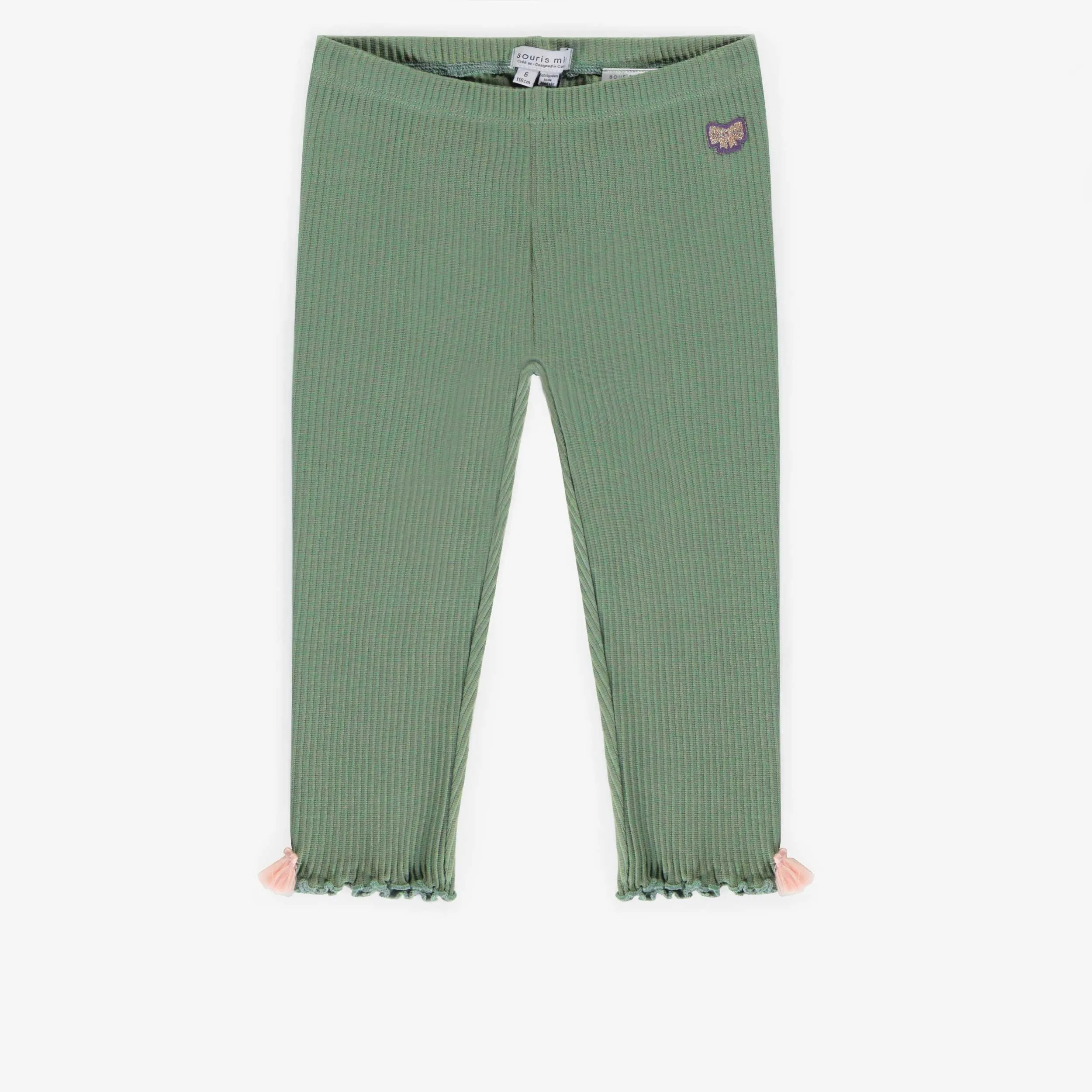 Legging ¾ vert en coton biologique côtelé extensible, enfant || Stretchy ribbed organic cotton ¾ green legging, child