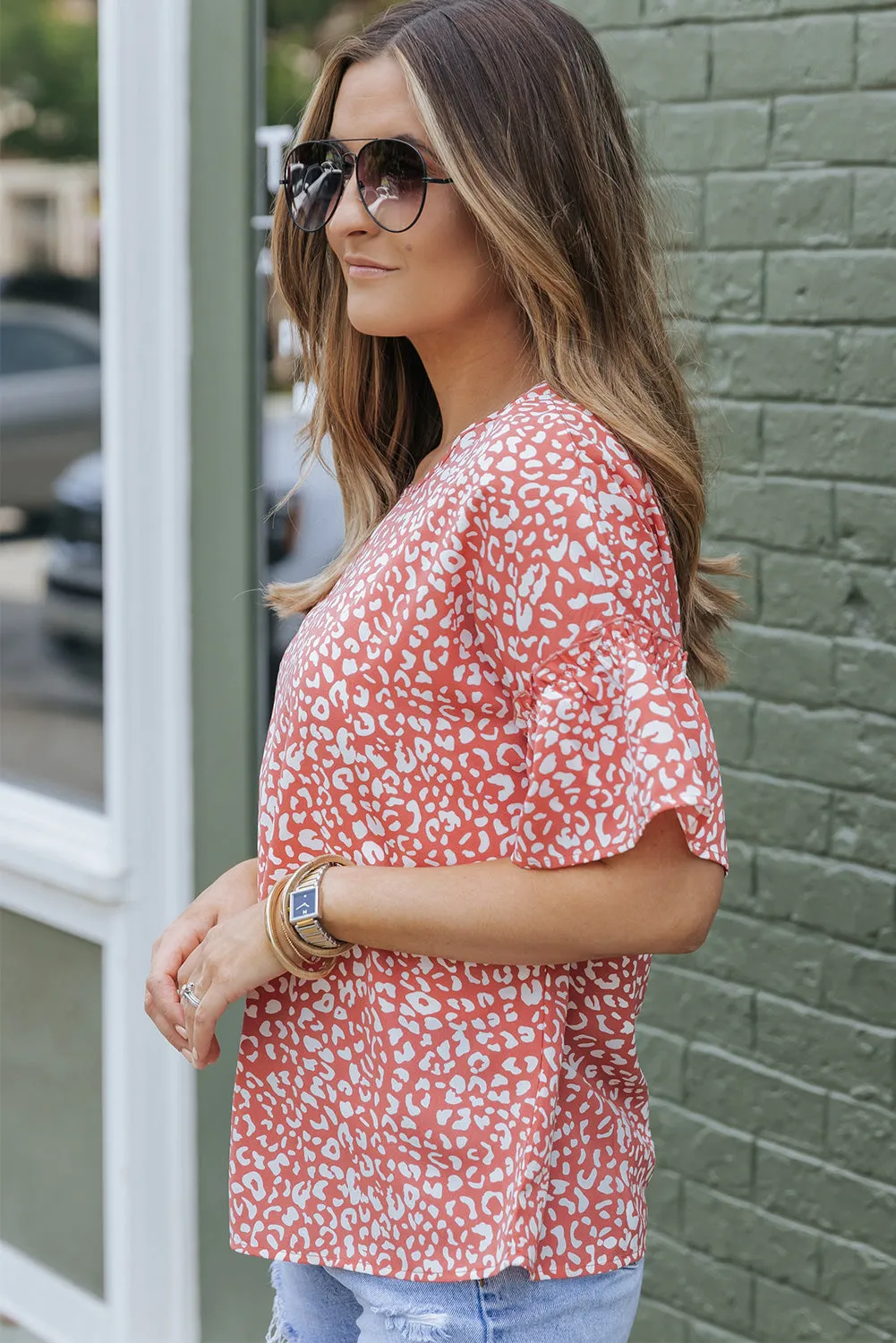 Leopard Ruffle Sleeve T-Shirt