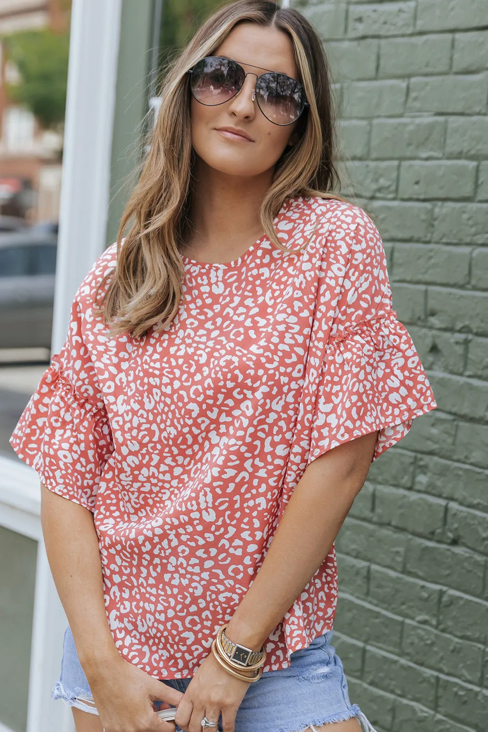 Leopard Ruffle Sleeve T-Shirt
