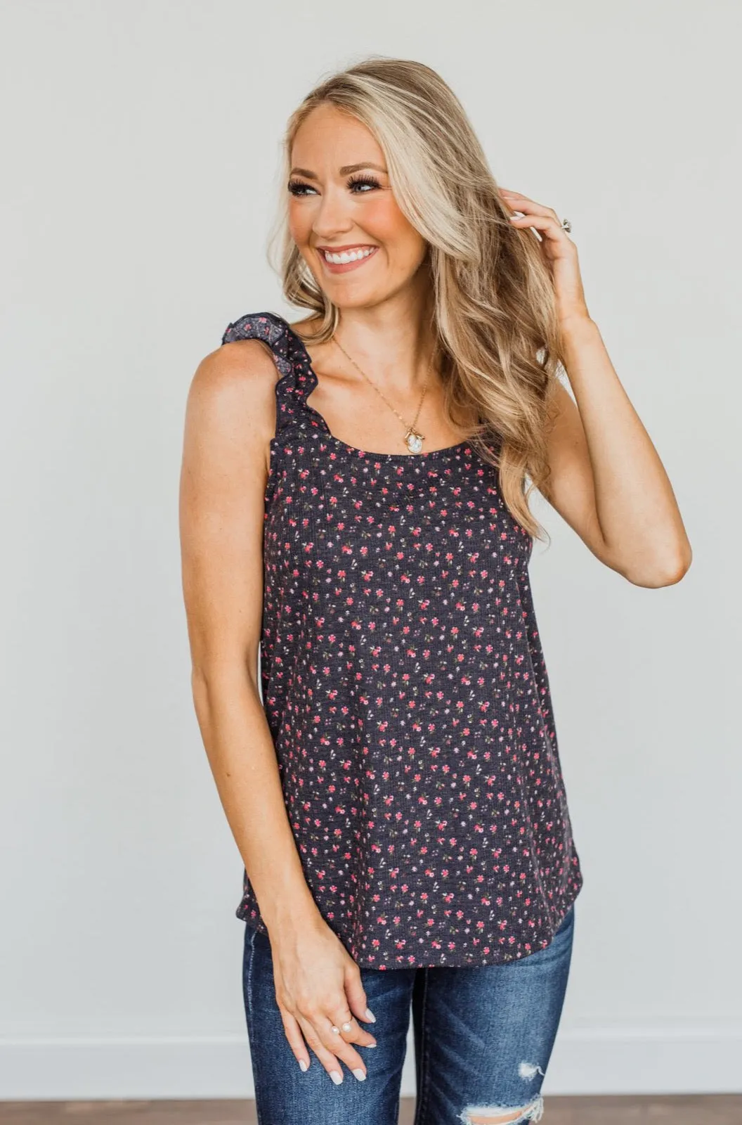 Love At First Glance Floral Tank Top- Dark Navy