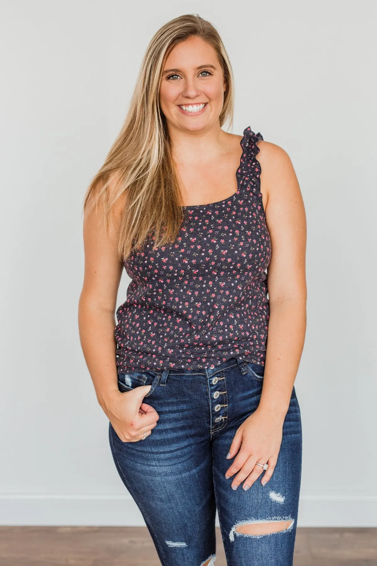 Love At First Glance Floral Tank Top- Dark Navy
