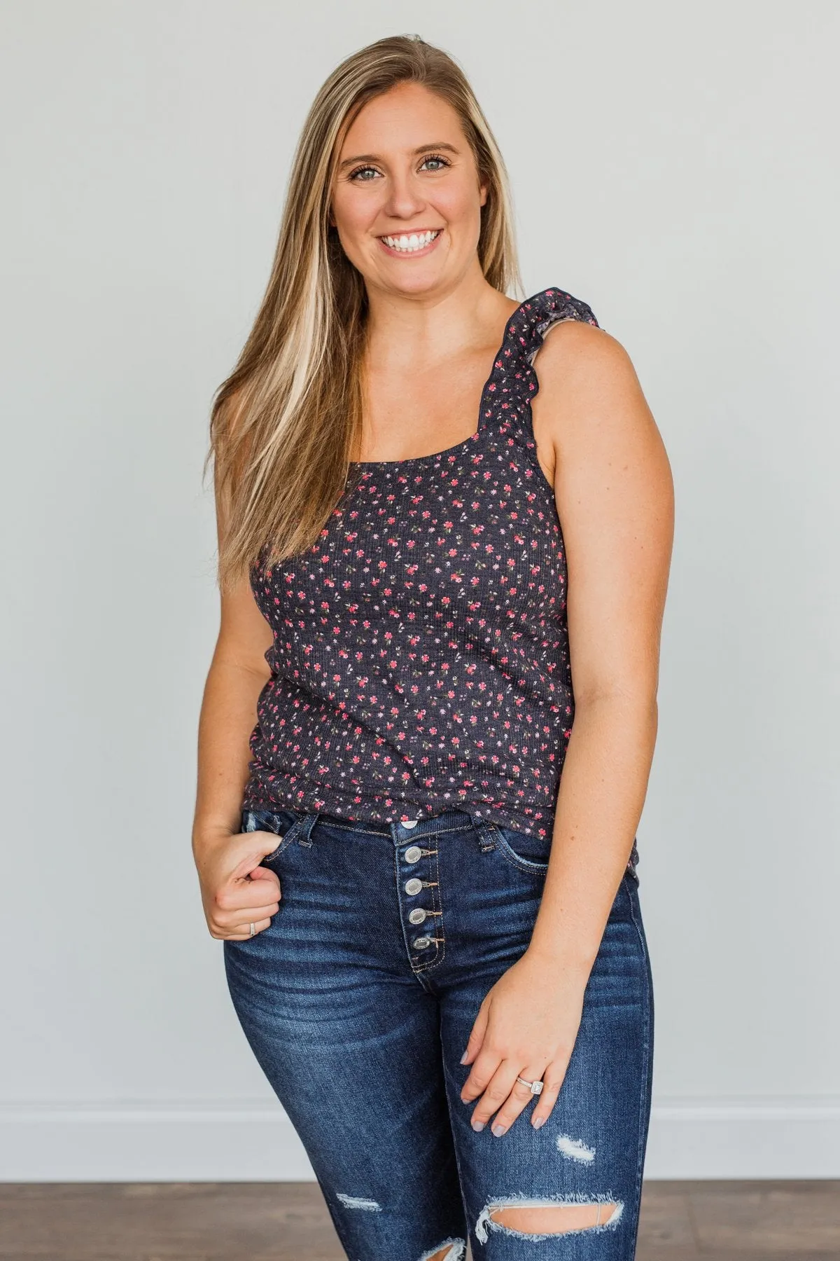 Love At First Glance Floral Tank Top- Dark Navy