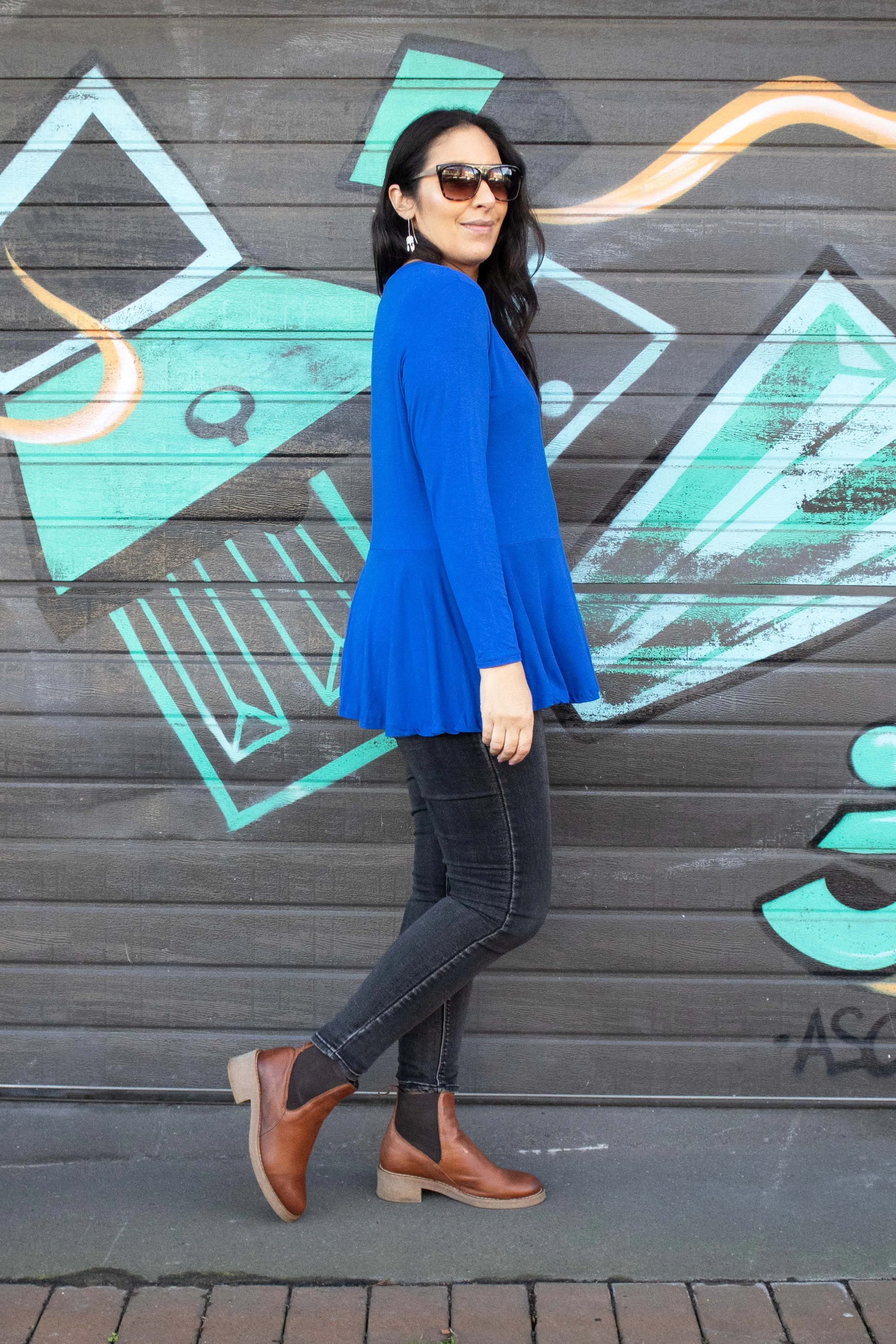 LS Loose Ruffle Hem Top - Cobalt
