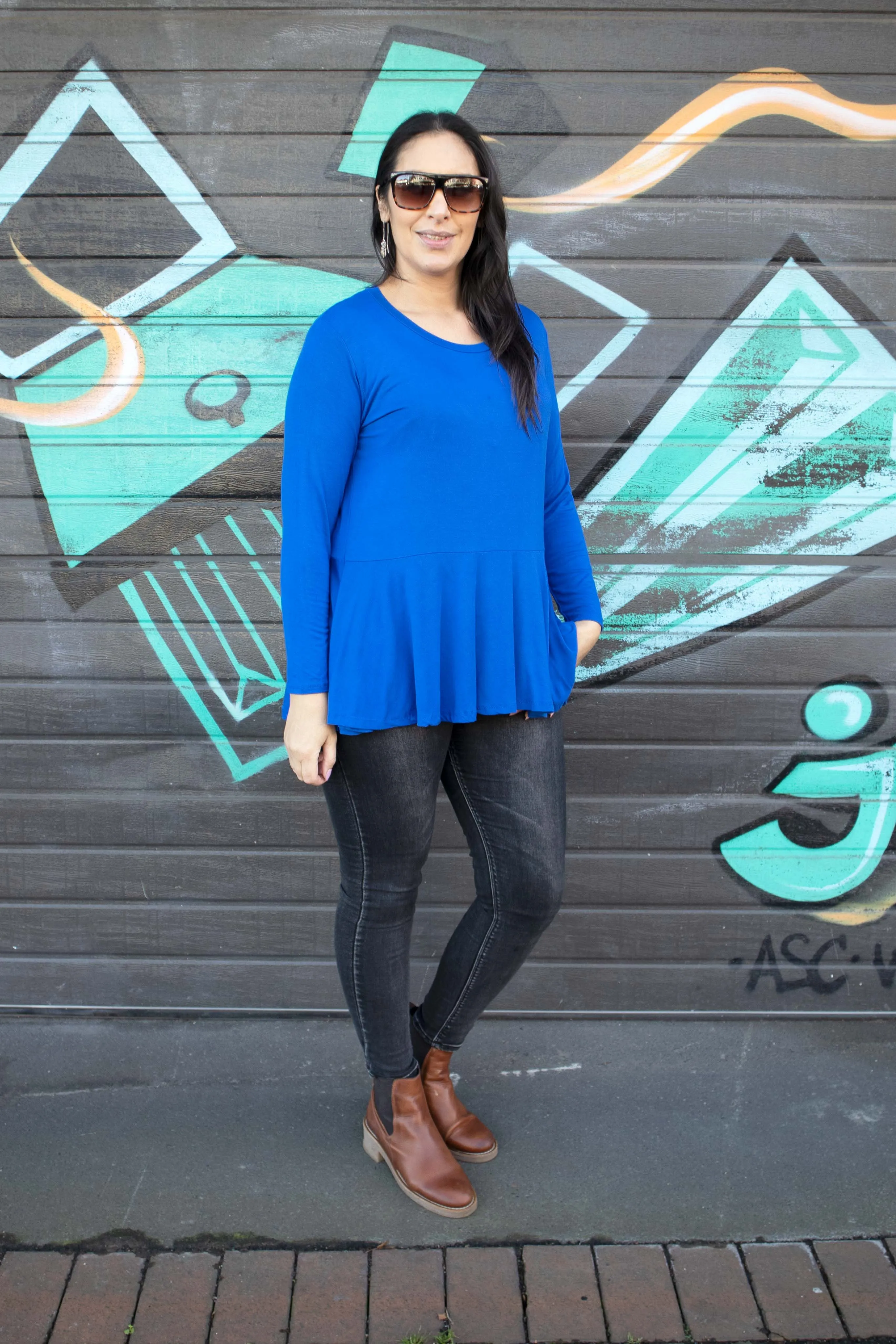 LS Loose Ruffle Hem Top - Cobalt