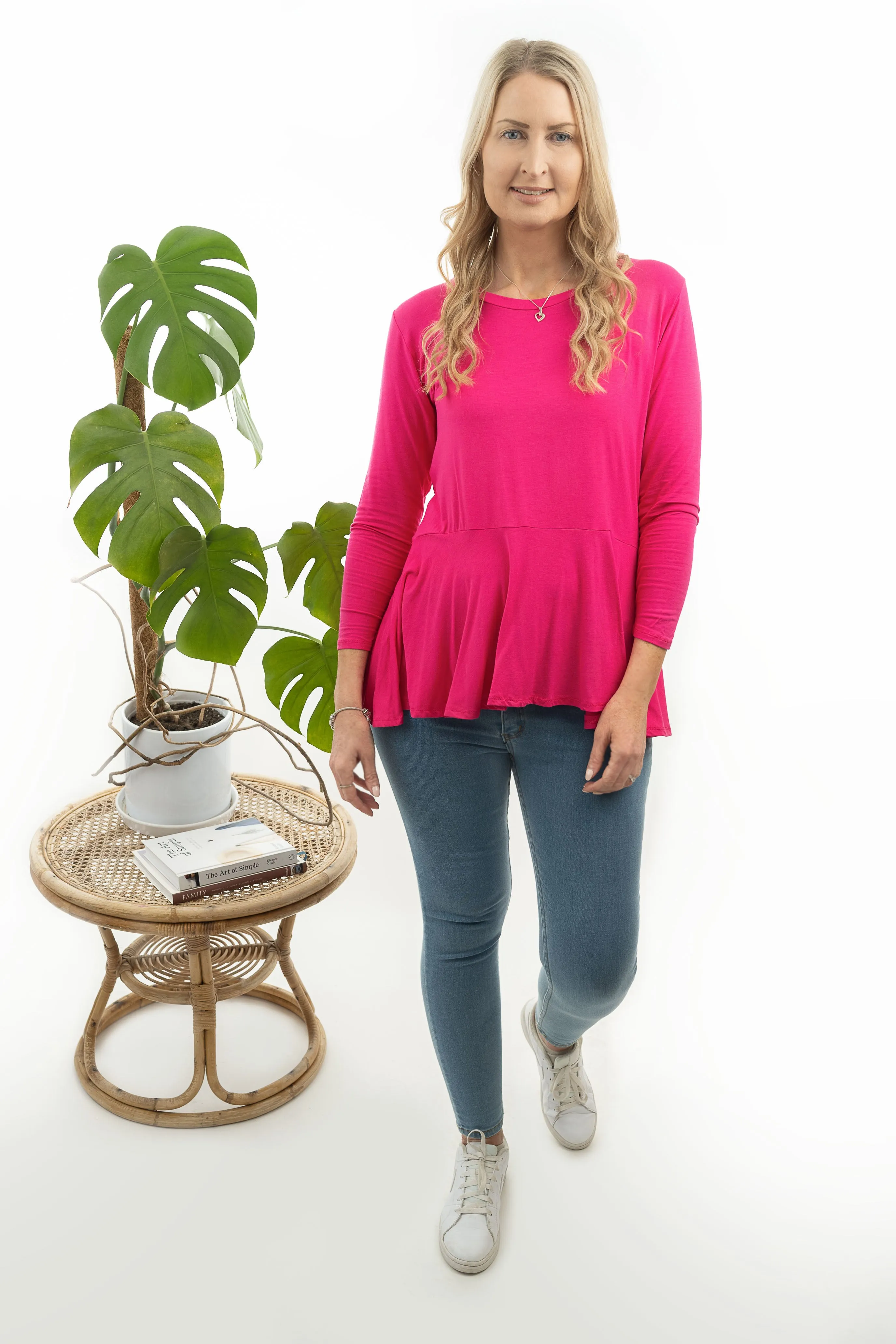 LS Loose Ruffle Hem Top - Hot Pink