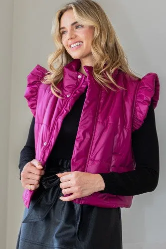 Magenta Puffer Vest with Shoulder Ruffle Detail