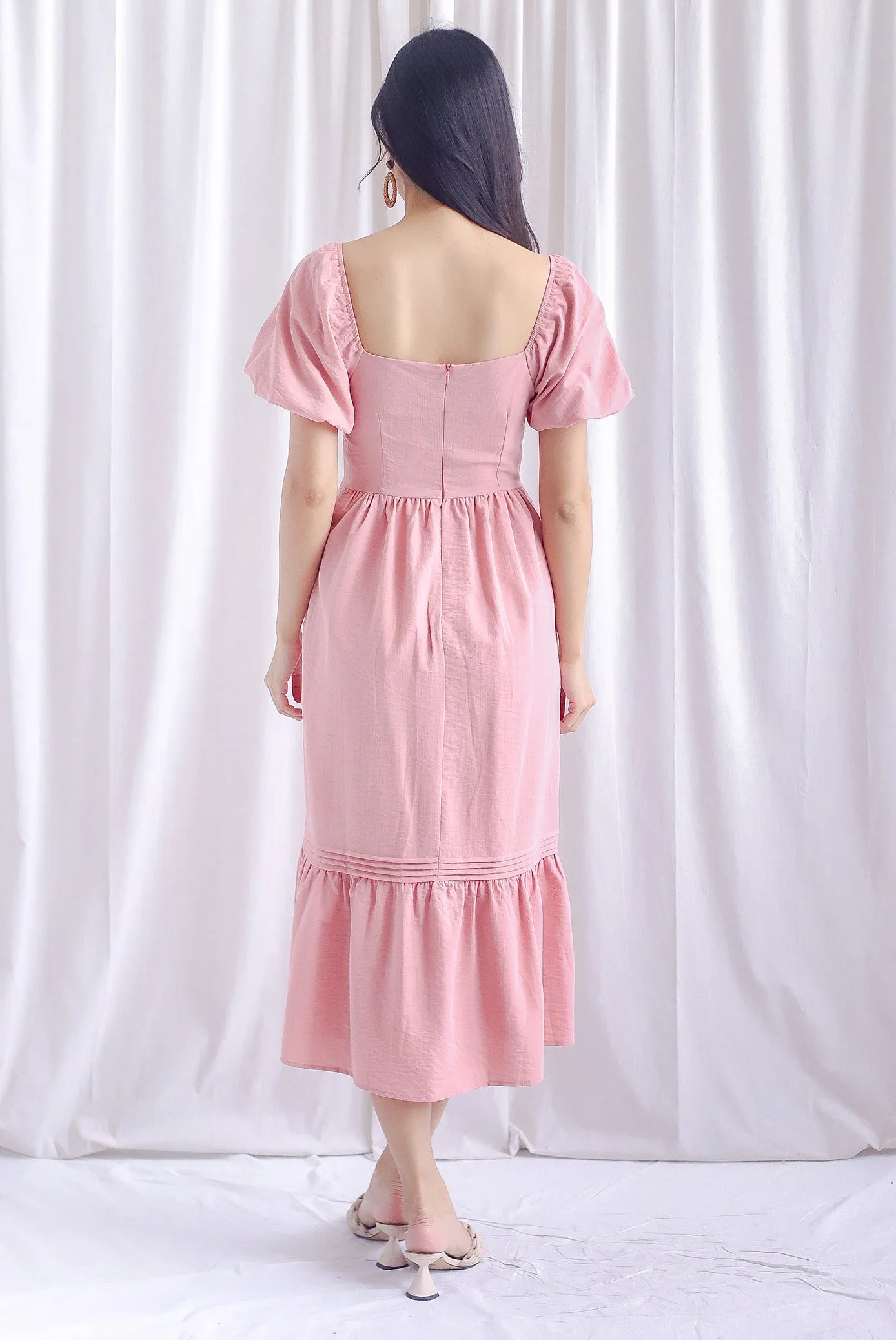 Marisa Puffy Sleeve Pintuck Cut Out Maxi Dress In Pink