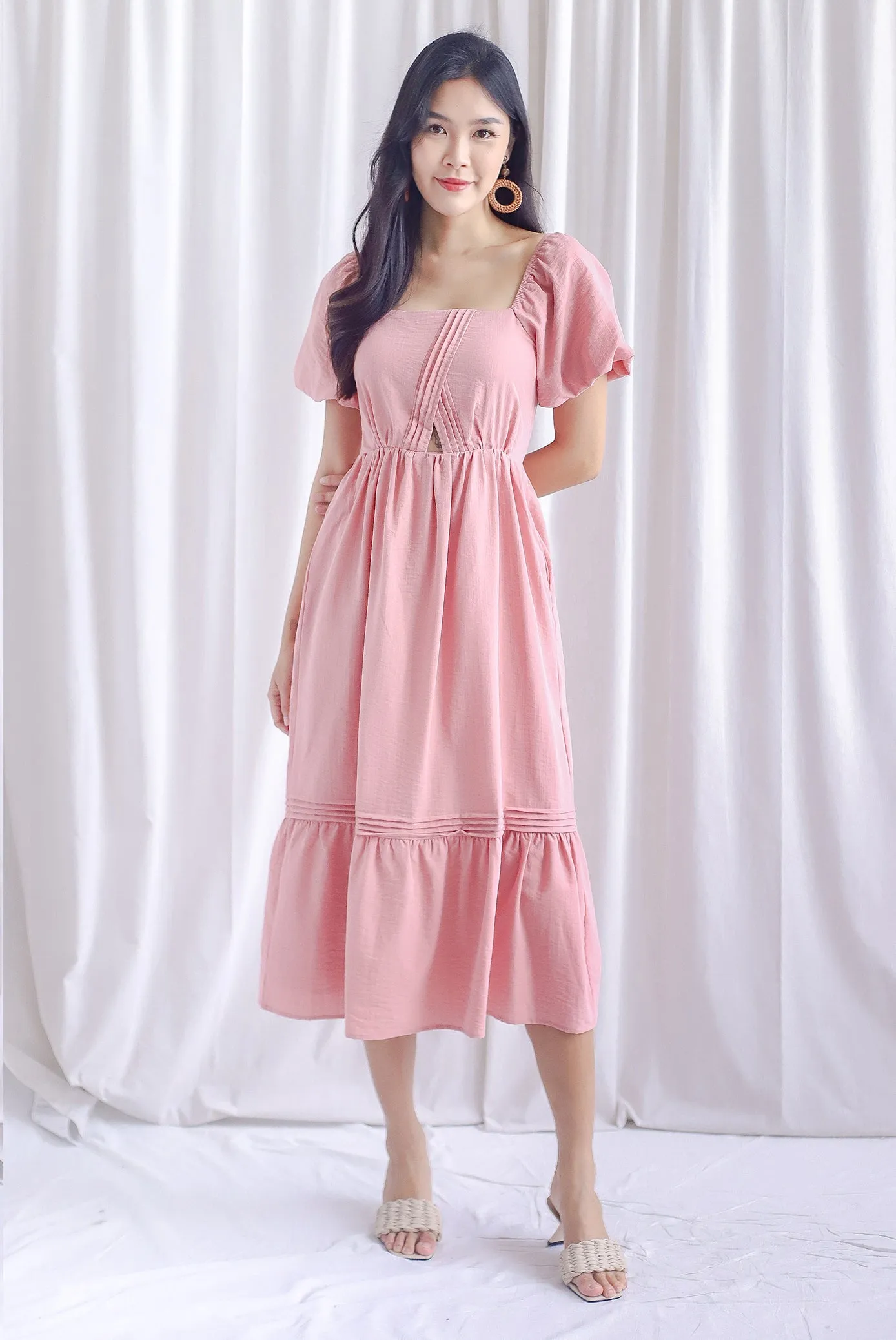 Marisa Puffy Sleeve Pintuck Cut Out Maxi Dress In Pink