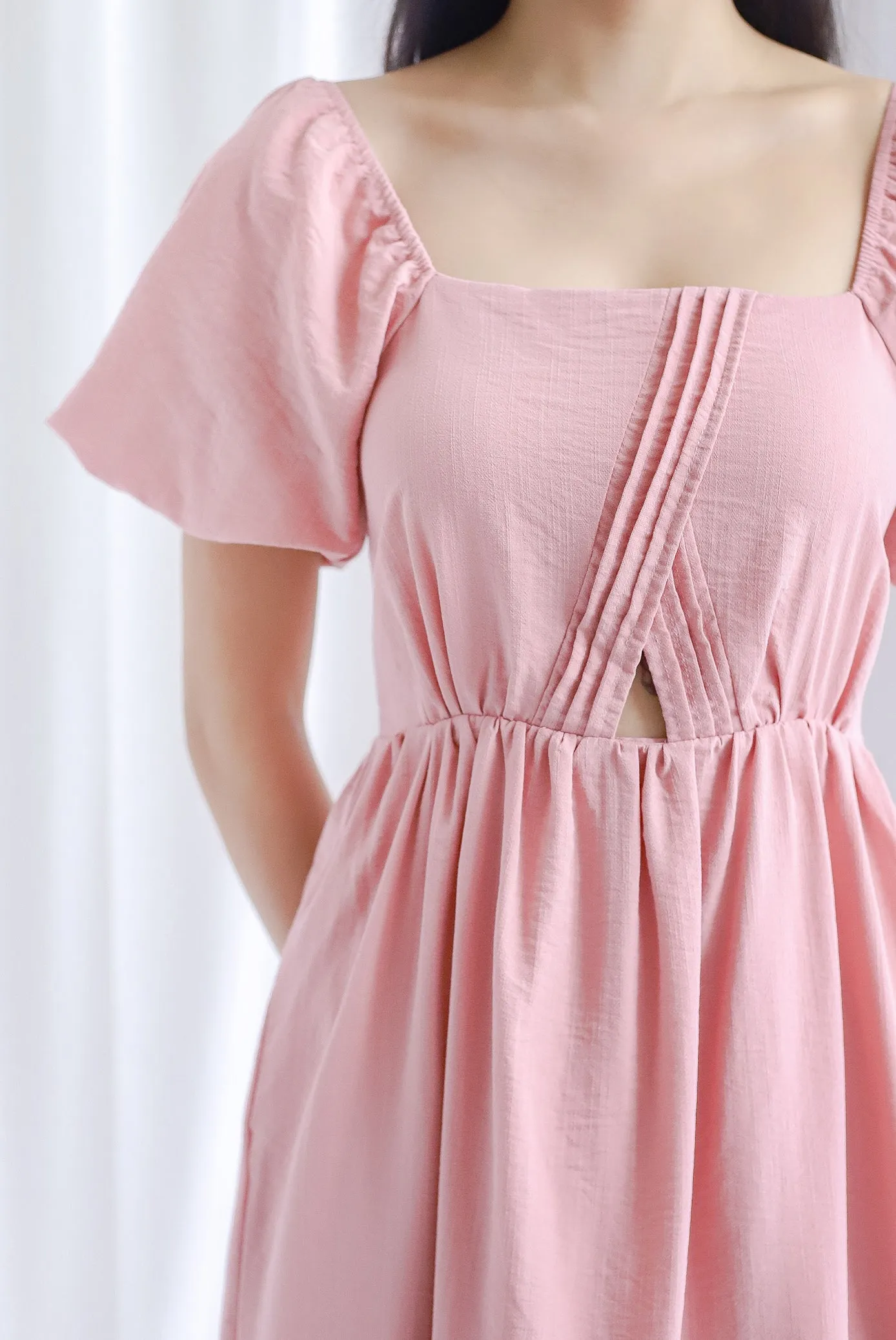 Marisa Puffy Sleeve Pintuck Cut Out Maxi Dress In Pink