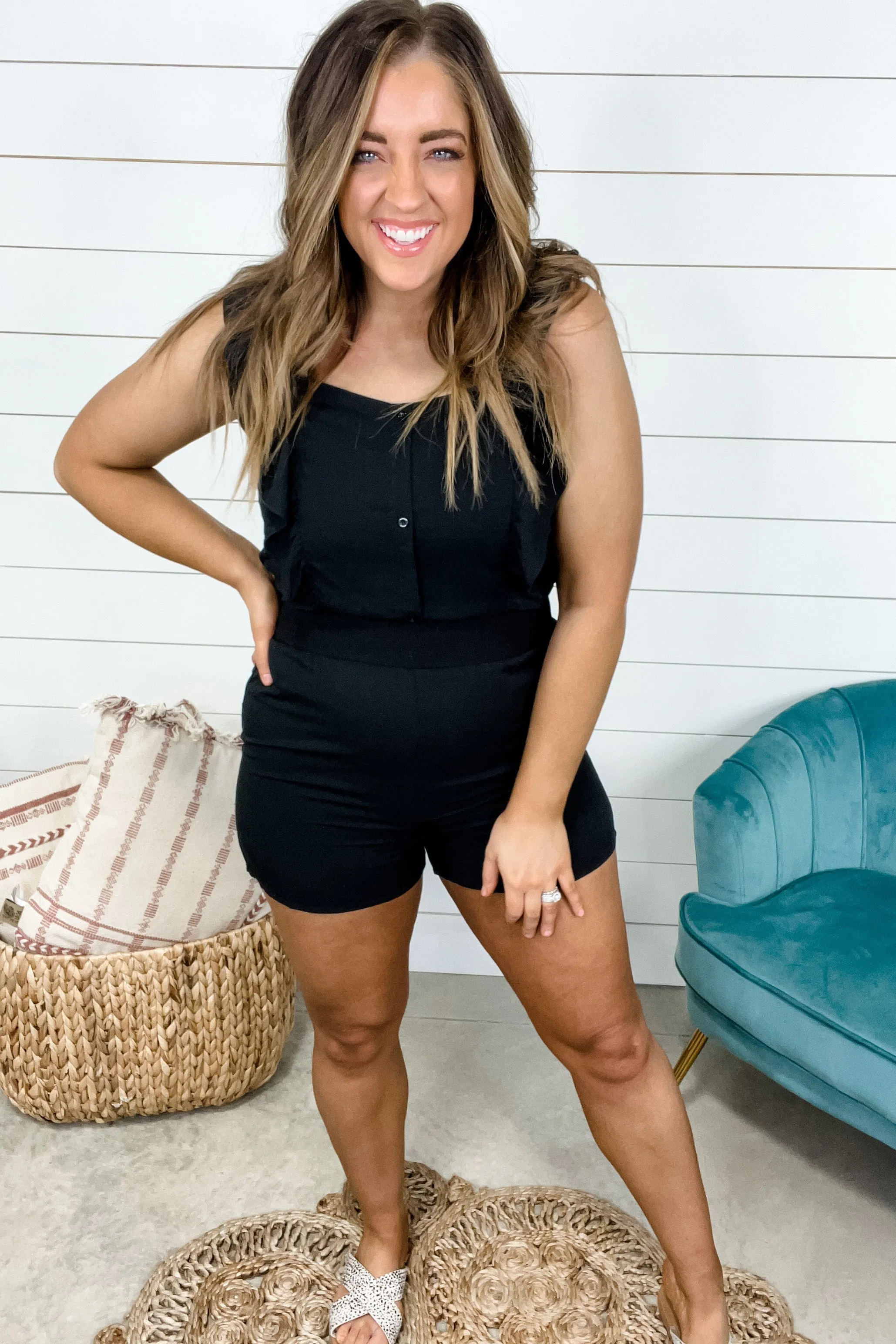 Midnight Magic- Black Romper w/ Ruffle Sleeves & Button Detail