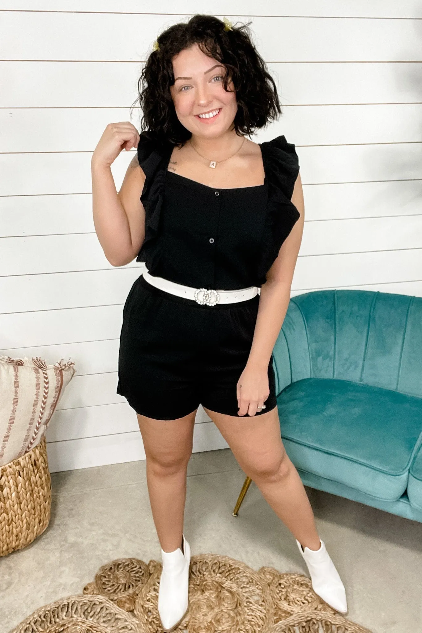 Midnight Magic- Black Romper w/ Ruffle Sleeves & Button Detail