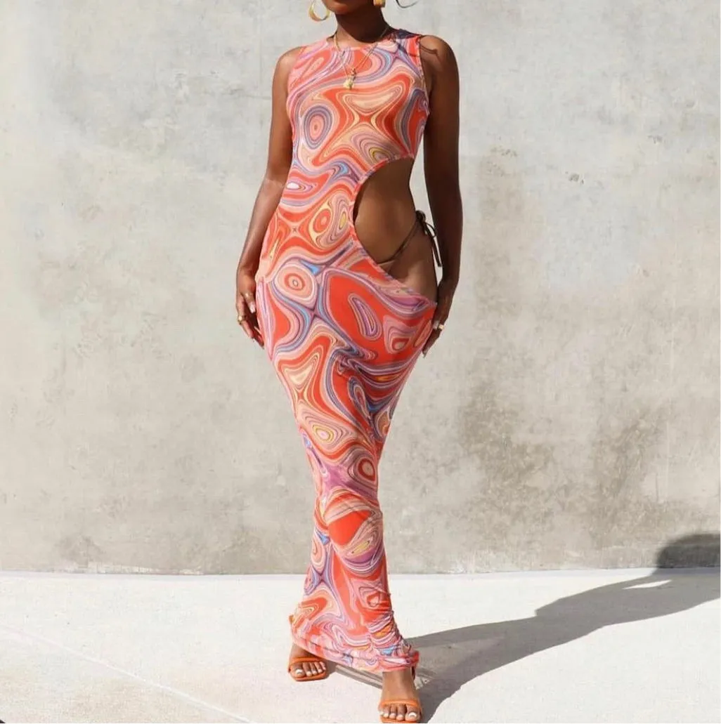 Mikaela Psychedelic Cutout Dress -  Tangerine