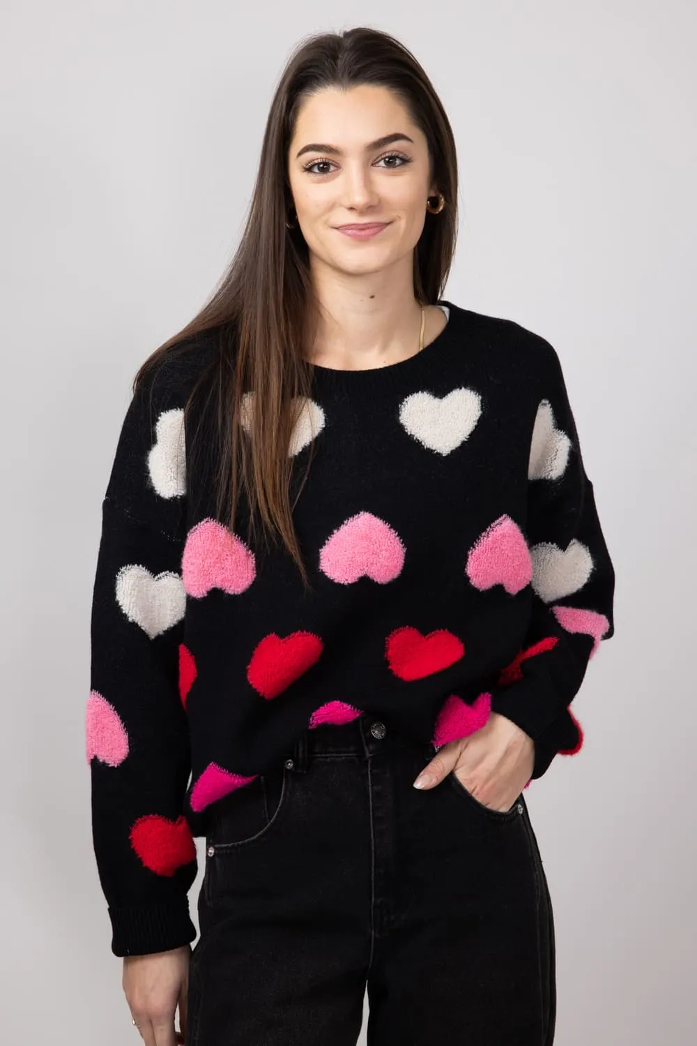 Miracle Multi Colored Hearts Sweater for Women in Black | W8378-BLACK