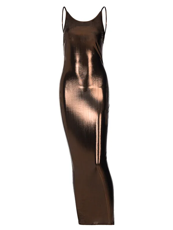 Momnfancy Bronzing Spaghetti Strap Backless Bodycon Photoshoot Tan Maternity Maxi Dress