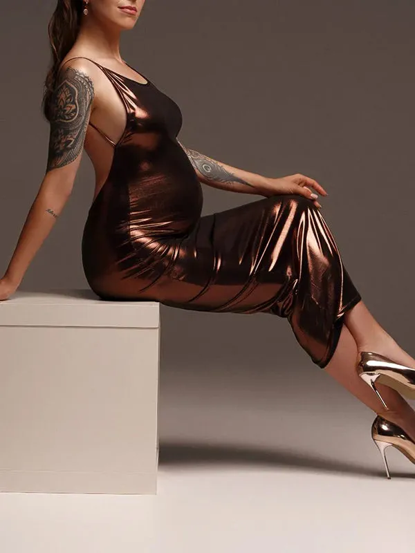 Momnfancy Bronzing Spaghetti Strap Backless Bodycon Photoshoot Tan Maternity Maxi Dress