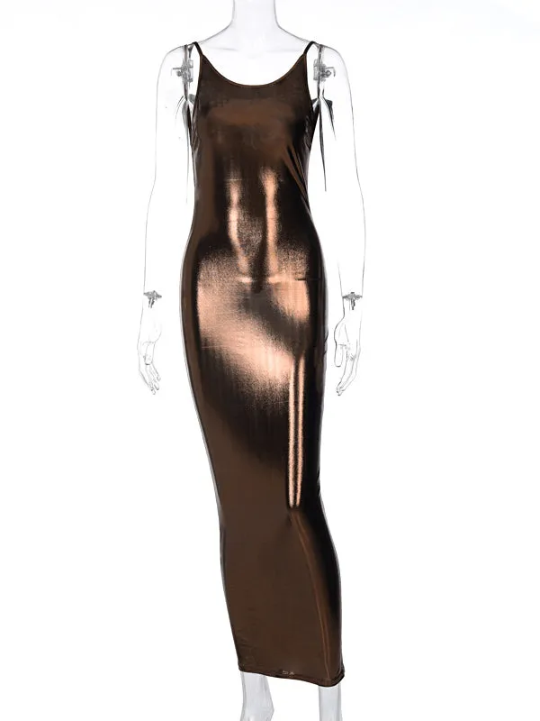 Momnfancy Bronzing Spaghetti Strap Backless Bodycon Photoshoot Tan Maternity Maxi Dress