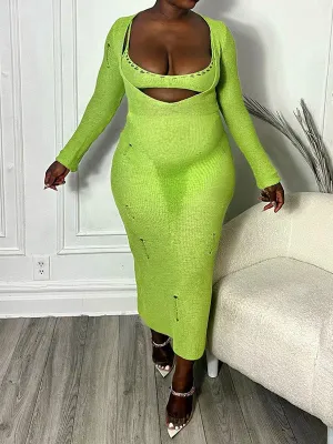 Momnfancy Chic Green Crochet Cutout Open Belly Distressed Bodycon 2-in-1 Party Maternity Maxi Dress