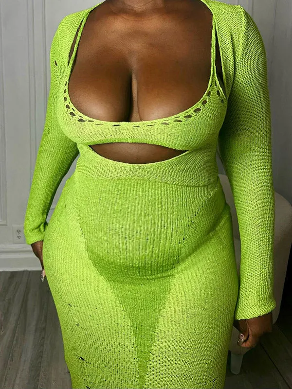 Momnfancy Chic Green Crochet Cutout Open Belly Distressed Bodycon 2-in-1 Party Maternity Maxi Dress