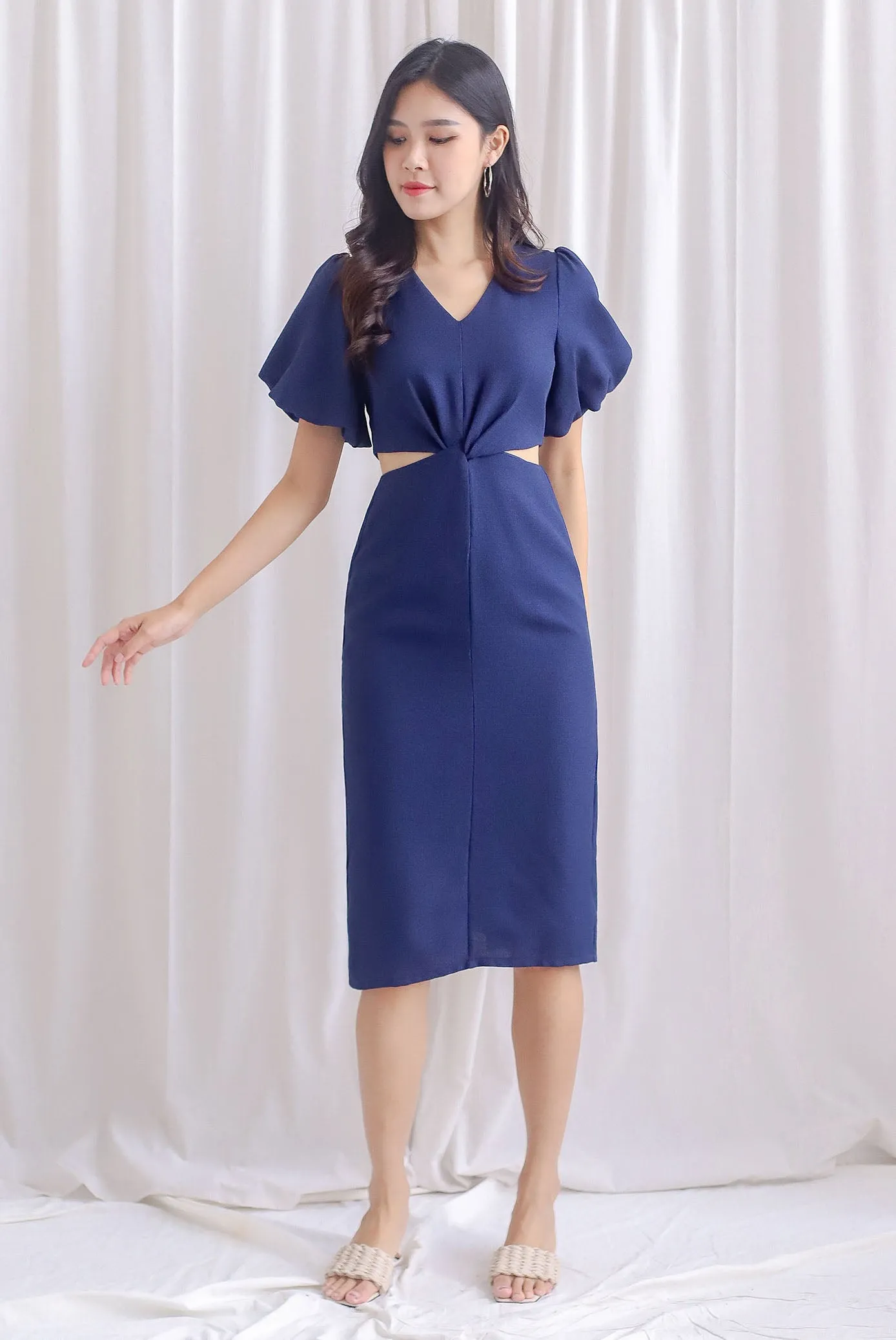 Moritz Tweed Puffy Sleeve Twist Knot Cut Out Dress In Navy Blue