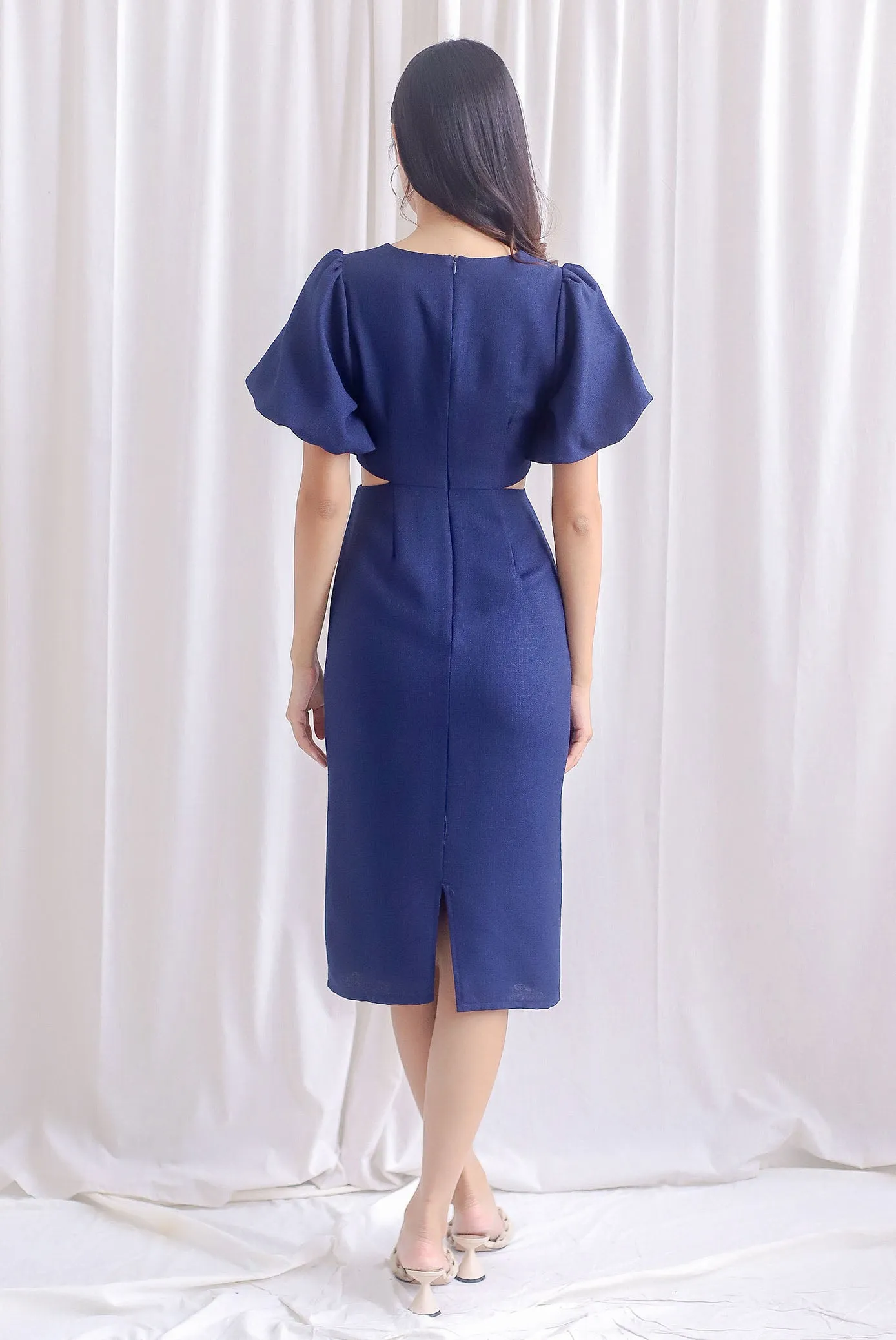 Moritz Tweed Puffy Sleeve Twist Knot Cut Out Dress In Navy Blue