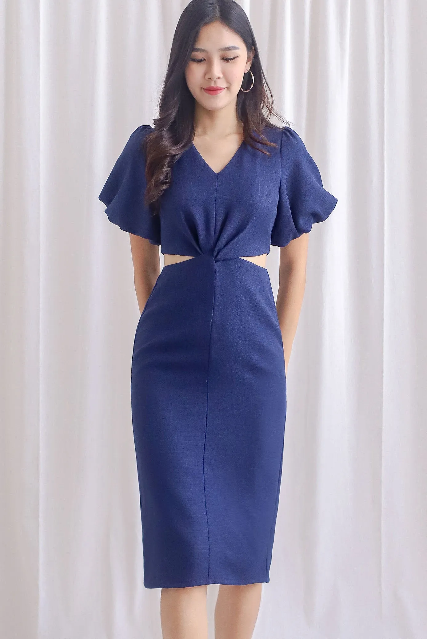 Moritz Tweed Puffy Sleeve Twist Knot Cut Out Dress In Navy Blue