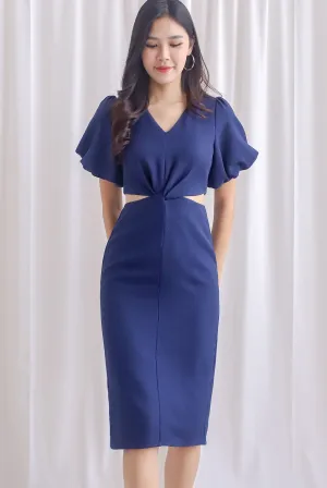 Moritz Tweed Puffy Sleeve Twist Knot Cut Out Dress In Navy Blue